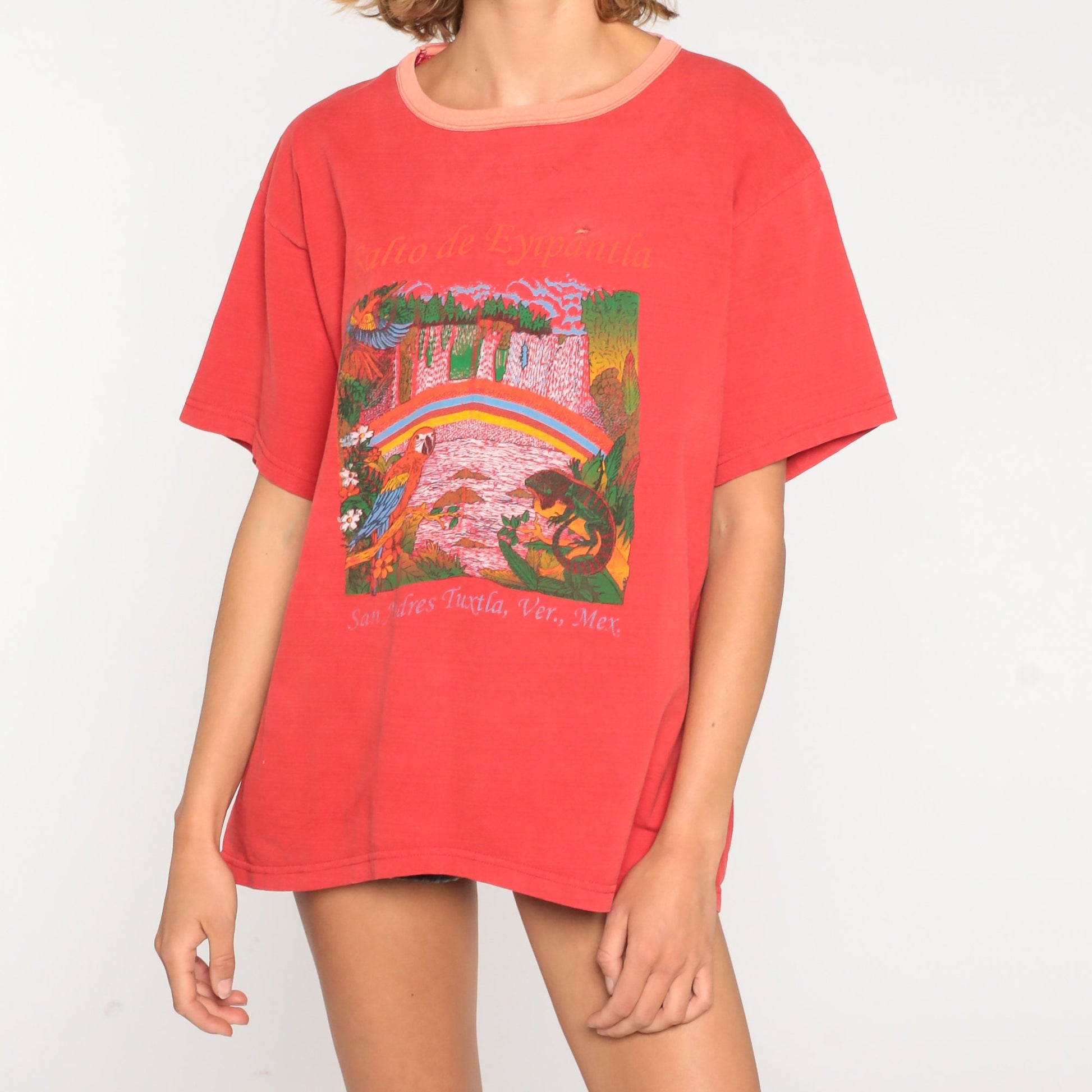 90s Mexico San Andres Tuxtla Waterfall Graphic T-Shirt Red Large