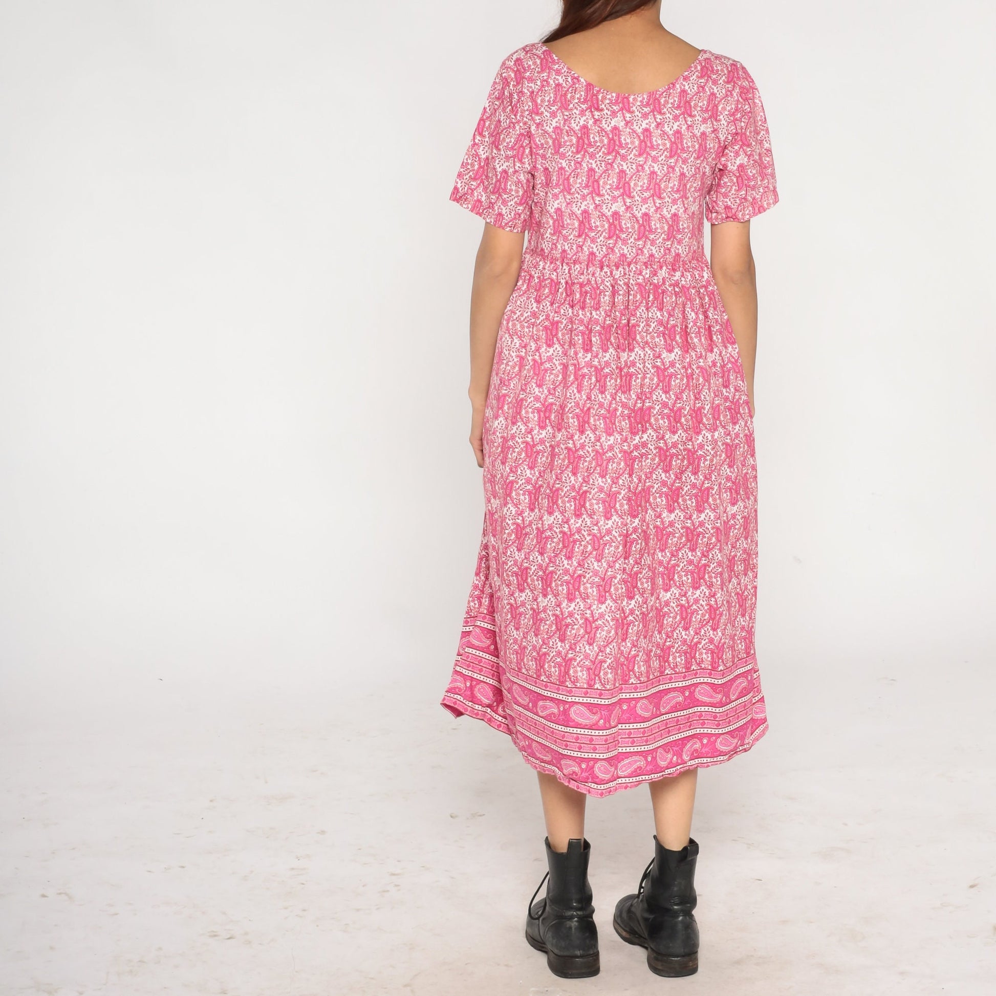 Y2K Pink Paisley Midi Shirtdress High Waist Button Front Cotton Small