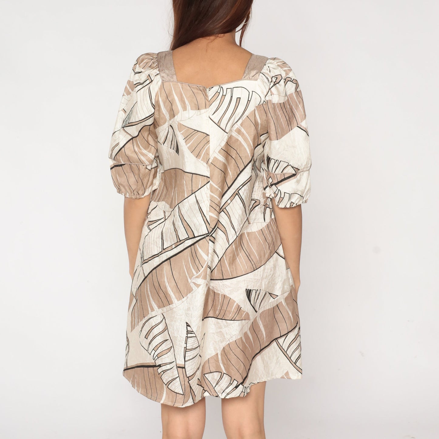 90s Tropical Leaf Print Mini Dress Puff Sleeve Shift Brown Cream Small