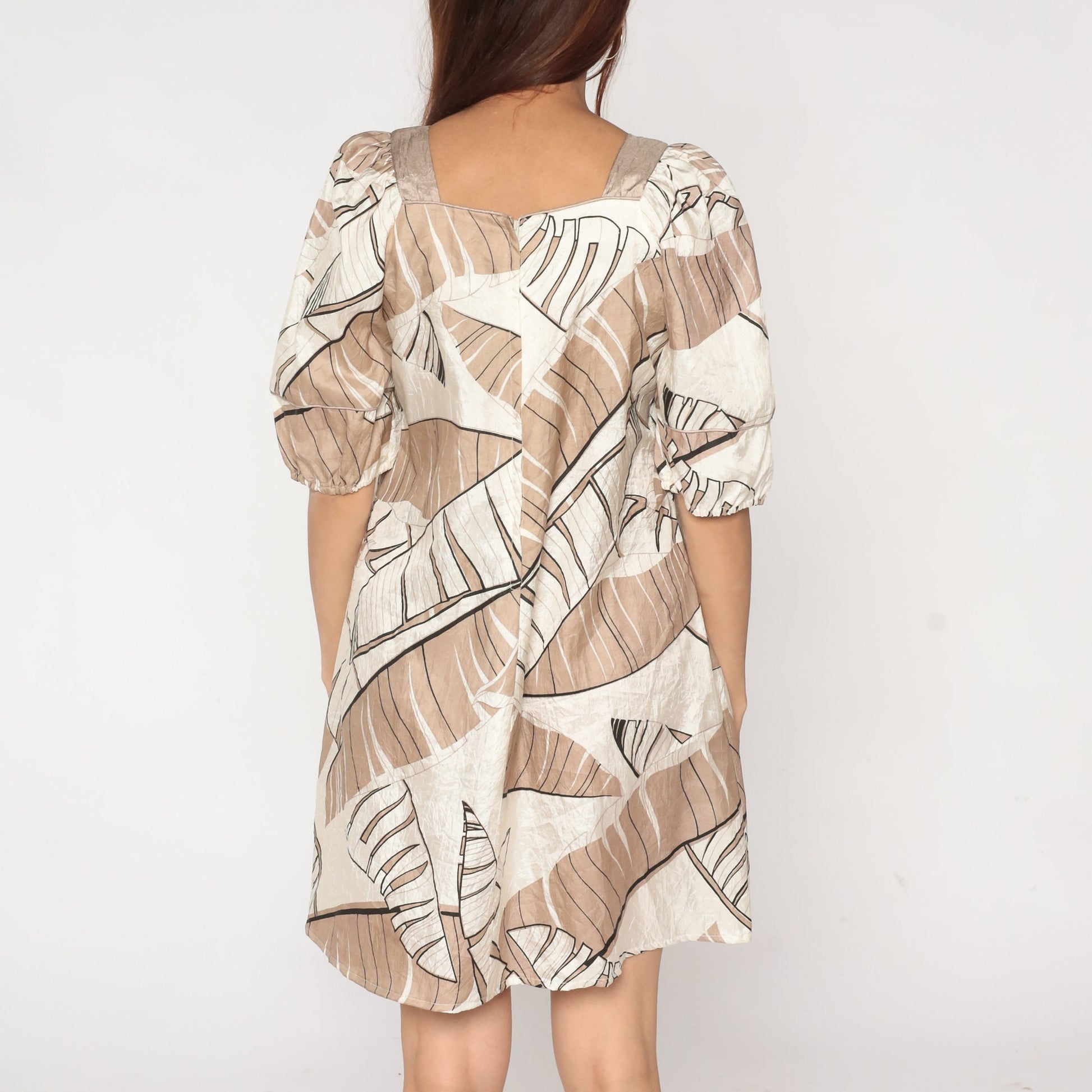 90s Tropical Leaf Print Mini Dress Puff Sleeve Shift Brown Cream Small
