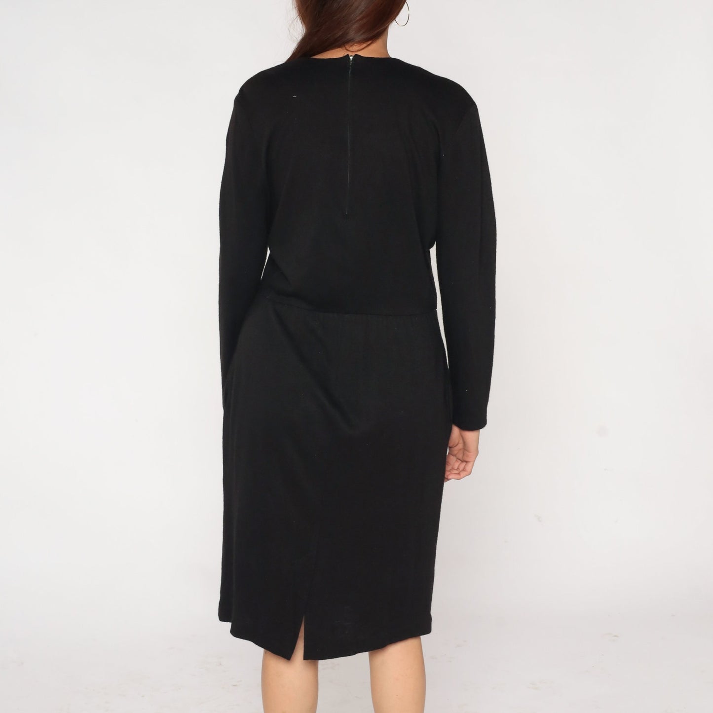 90s Black Wool Midi Dress High Waist Long Sleeve Medium