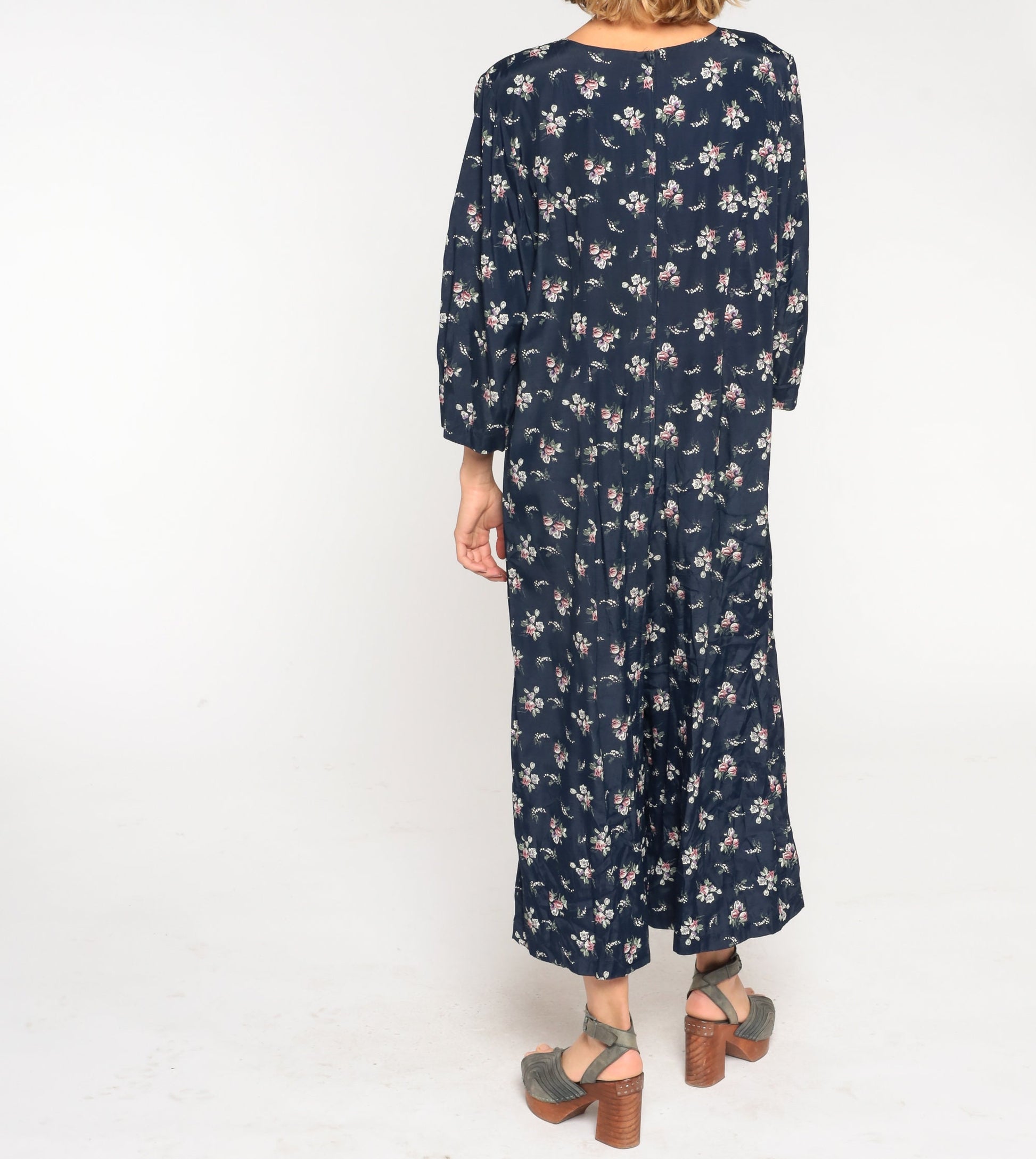 90s Navy Floral Wide Leg Jumpsuit Long Sleeve Rear Zipper Plus Size XXL