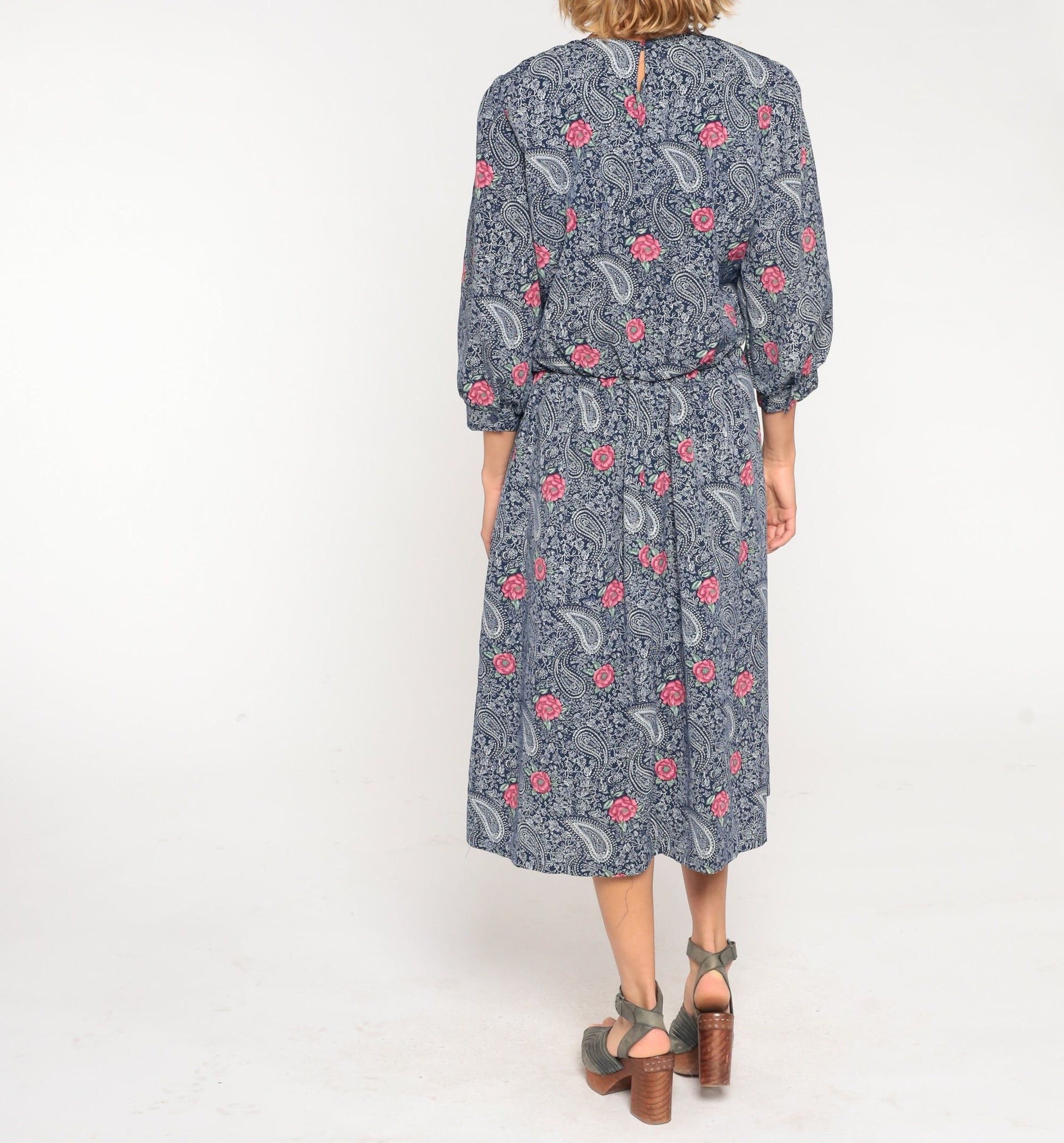 80s Navy Floral Paisley Midi Dress Lace Collar Puff Sleeve High Waist Medium