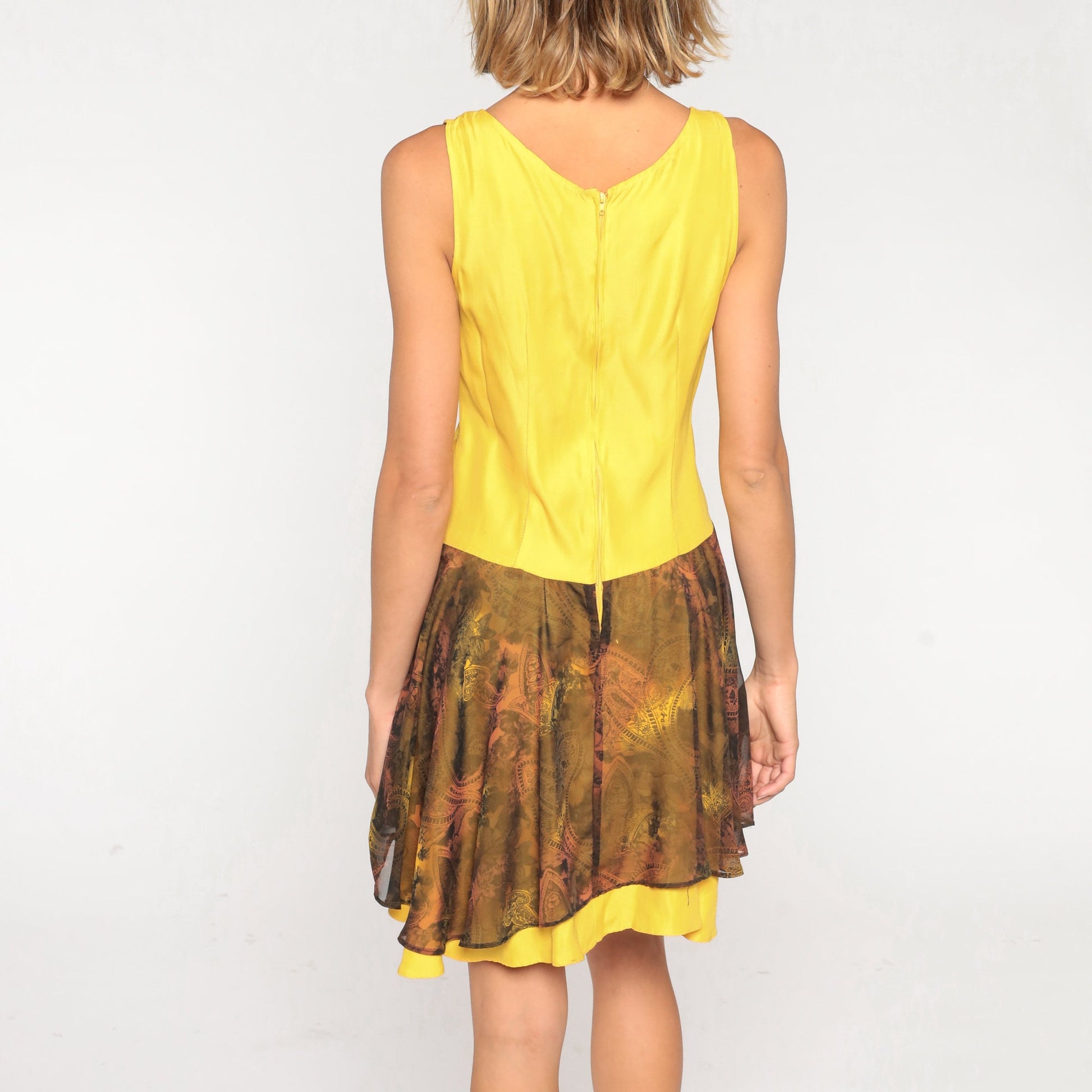 90s Yellow Paisley Mini Dress Sleeveless Button-Up Flowy Layered Extra Small