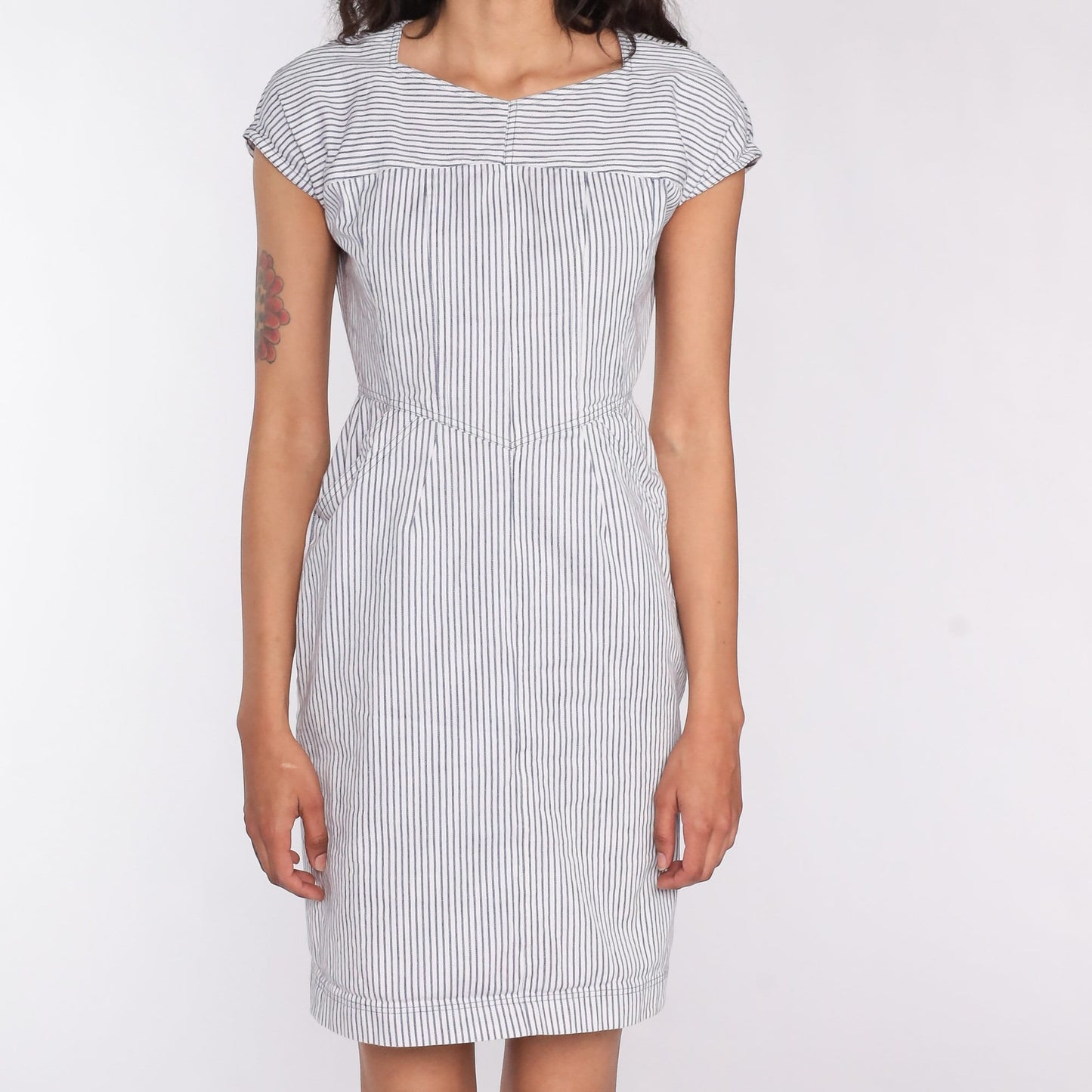 00s Pinstripe Mini Dress White Grey Sheath High Waist Pockets Small S