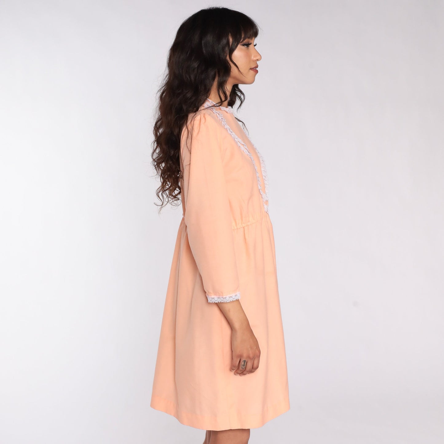 70s Peach Lace Mini Dress Puff Sleeve High Waist Medium