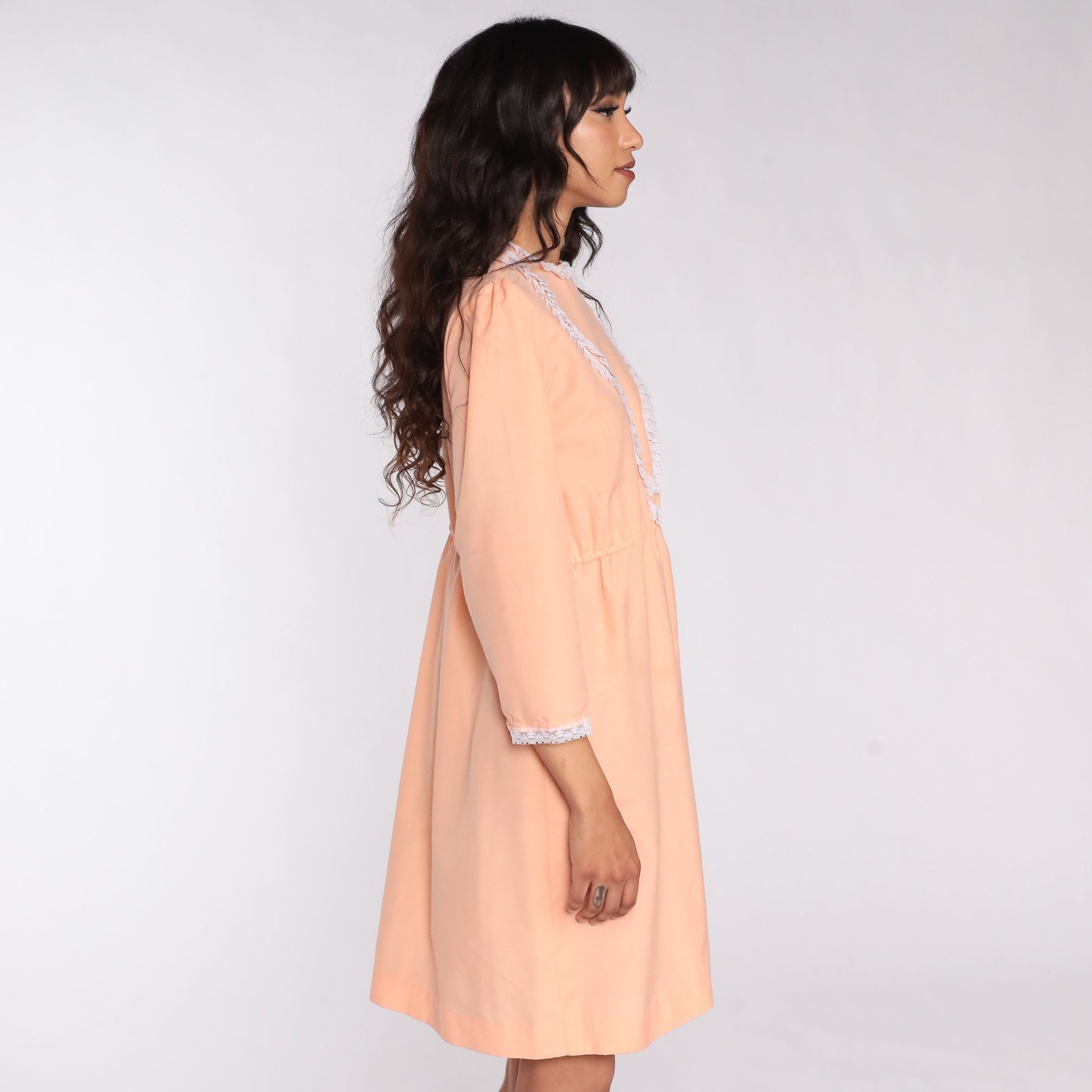 70s Peach Lace Mini Dress Puff Sleeve High Waist Medium