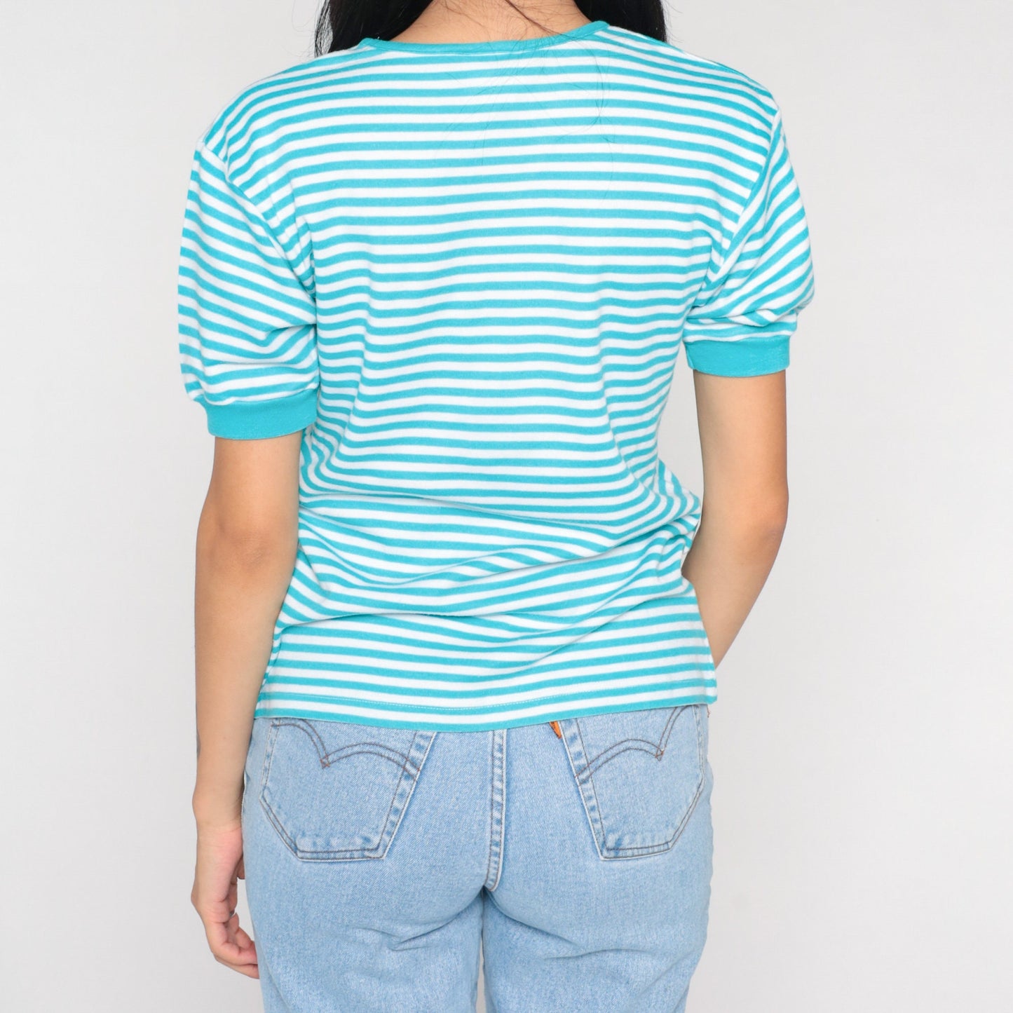 90s Floral Striped T-Shirt Blue White Embroidered Graphic Tee Small S