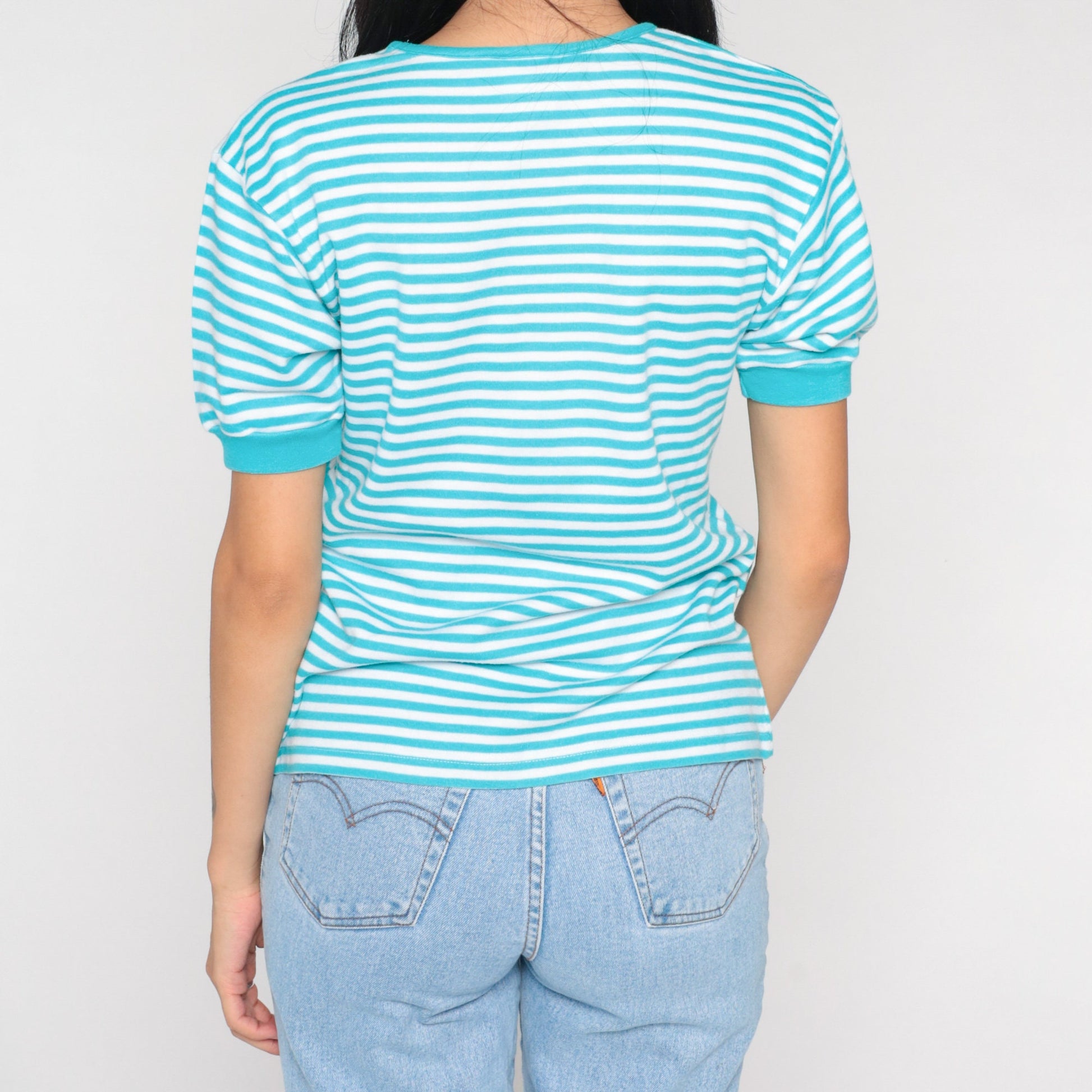 90s Floral Striped T-Shirt Blue White Embroidered Graphic Tee Small S