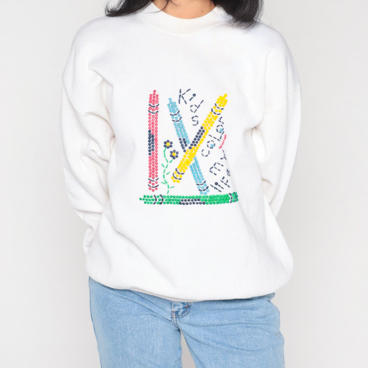 00s Kids Color My Life Teacher Sweatshirt Crayon Graphic White Crewneck Large