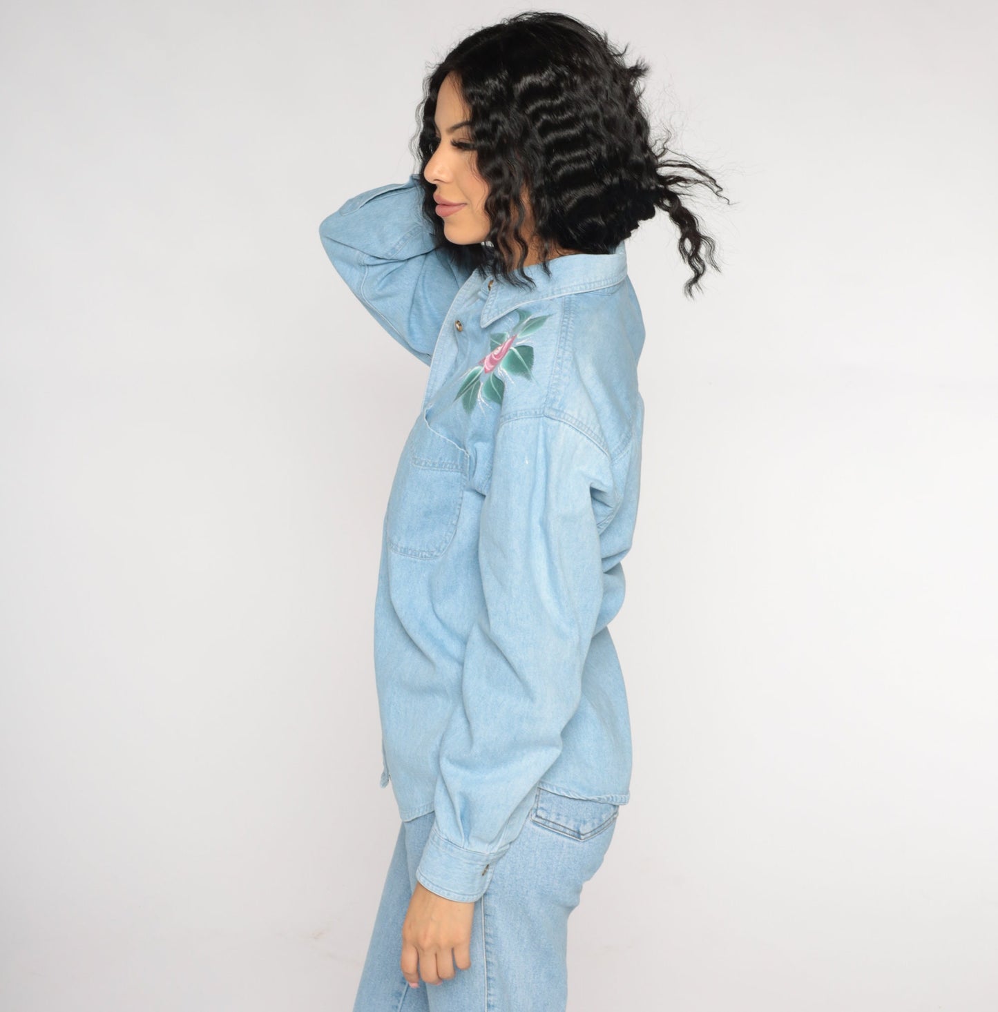 90s Blue Denim Shirt Floral Rose Print Button-Up Blouse Long Sleeve Medium M