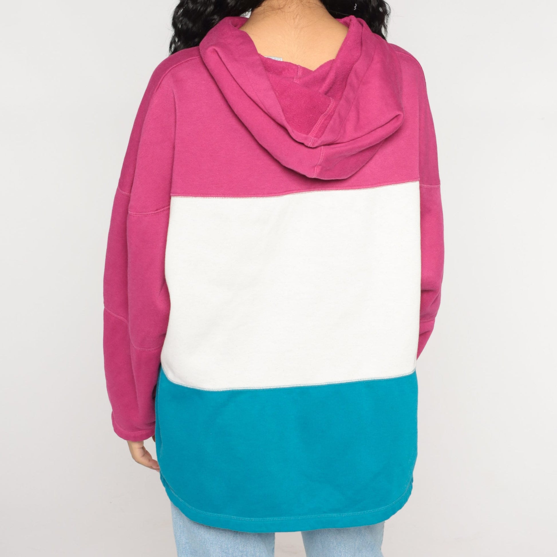 90s Color Block Hoodie White Pink Blue Striped Sweatshirt Large L