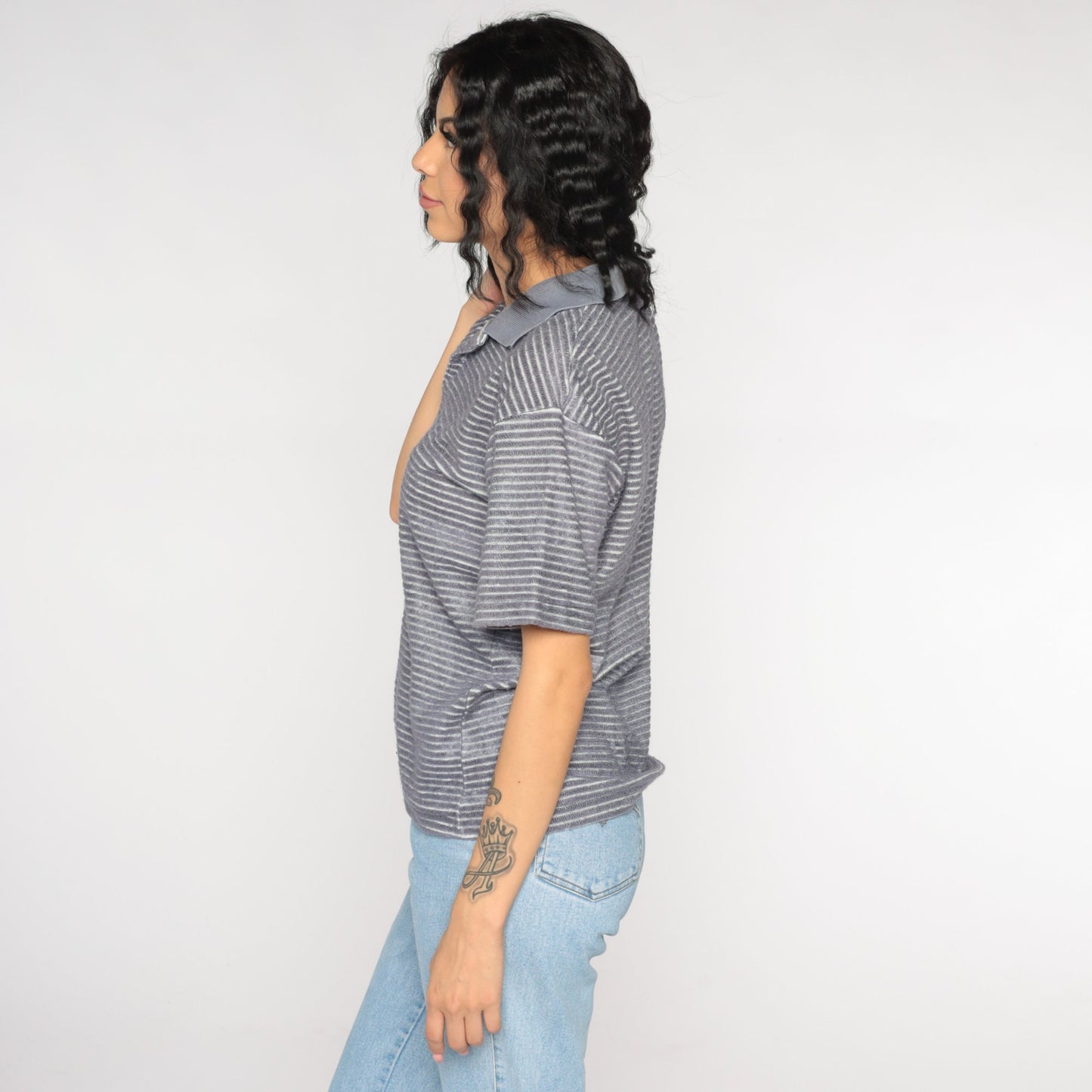 90s Grey Striped Terry Cloth Polo Shirt Half Button Collared Medium M