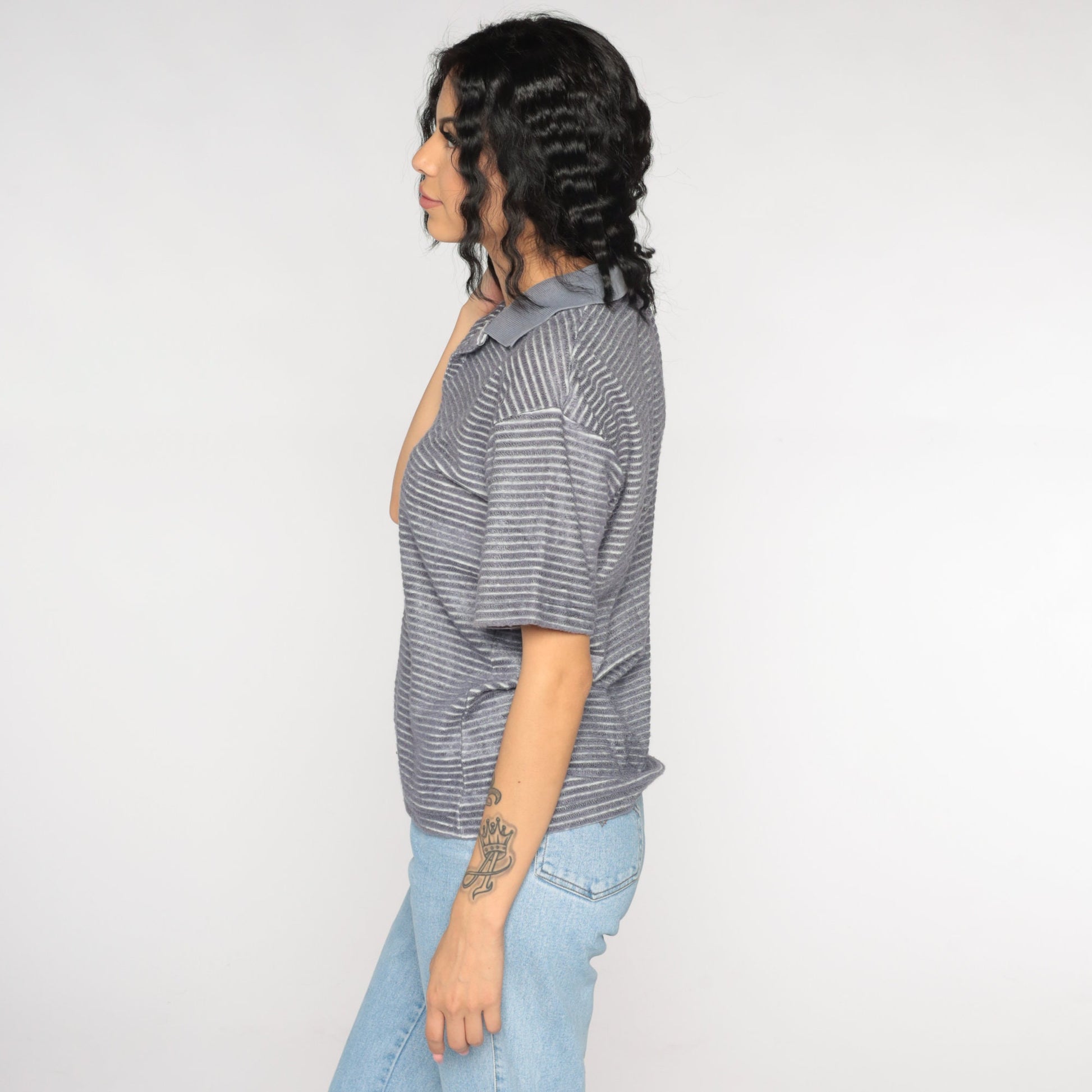 90s Grey Striped Terry Cloth Polo Shirt Half Button Collared Medium M