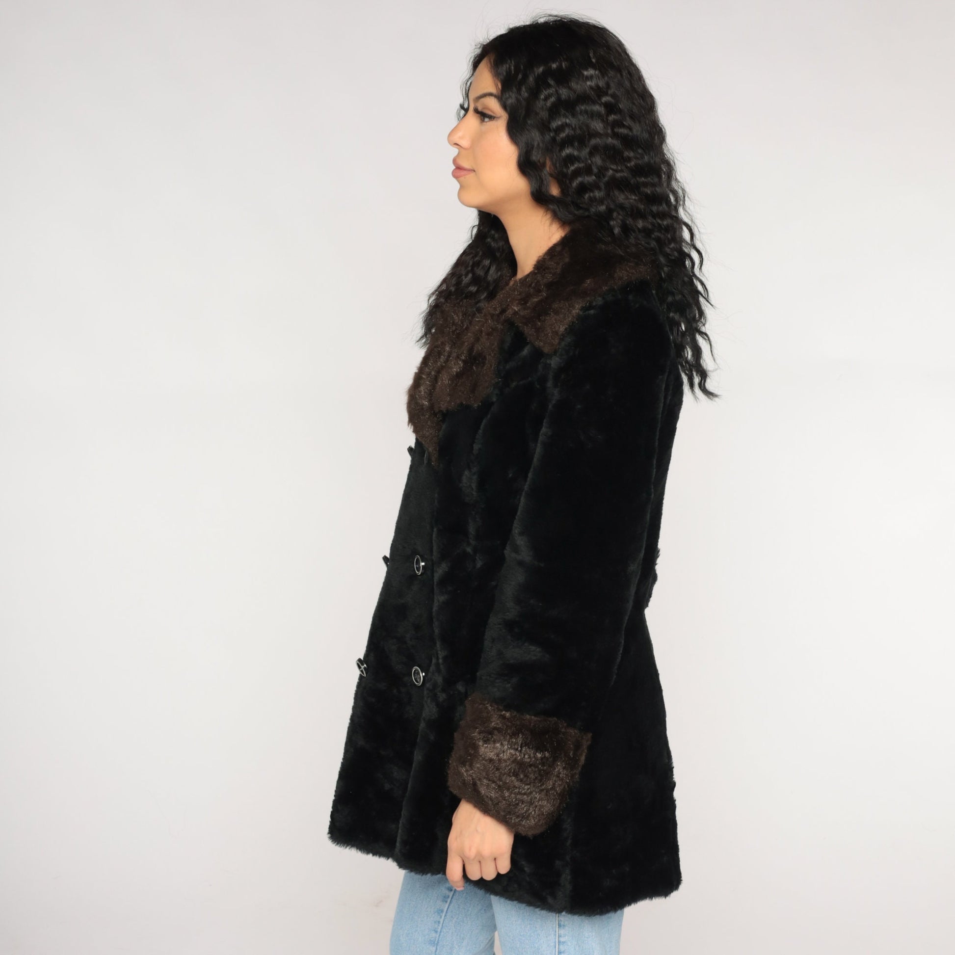 70s Black Faux Fur Coat Double Breasted Collar Brown Trim Small