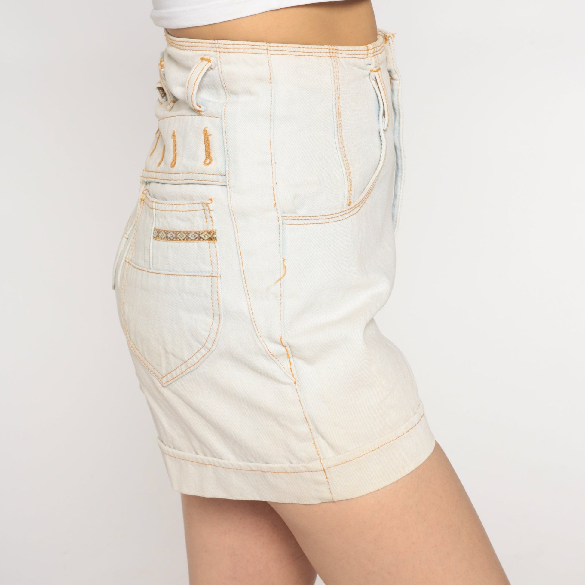 90s Off White Denim Shorts Ultra High Rise Southwestern Stitching Small