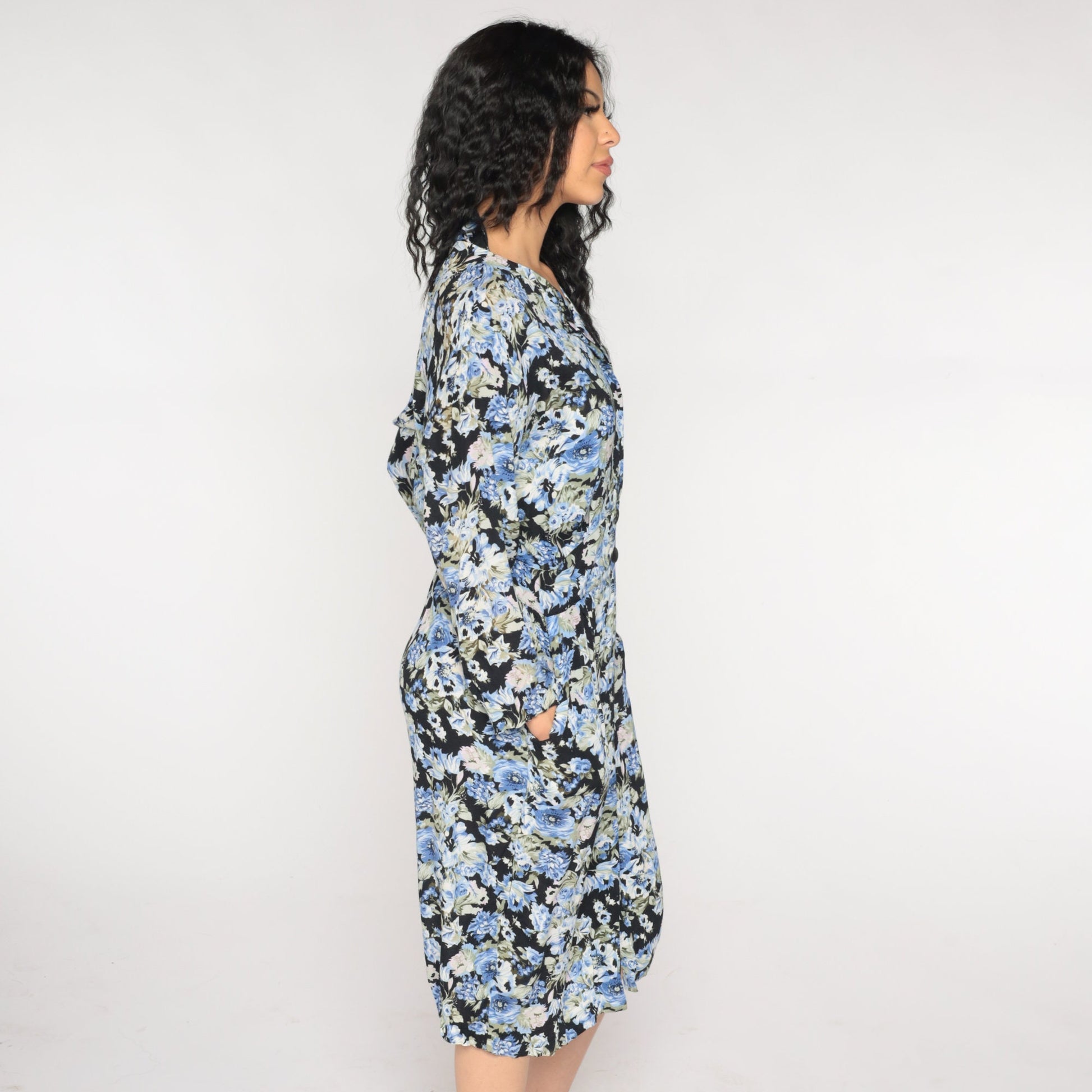 90s Black Floral Midi Dress Button-Up Long Sleeve High Waist Pencil Cut Pockets Small