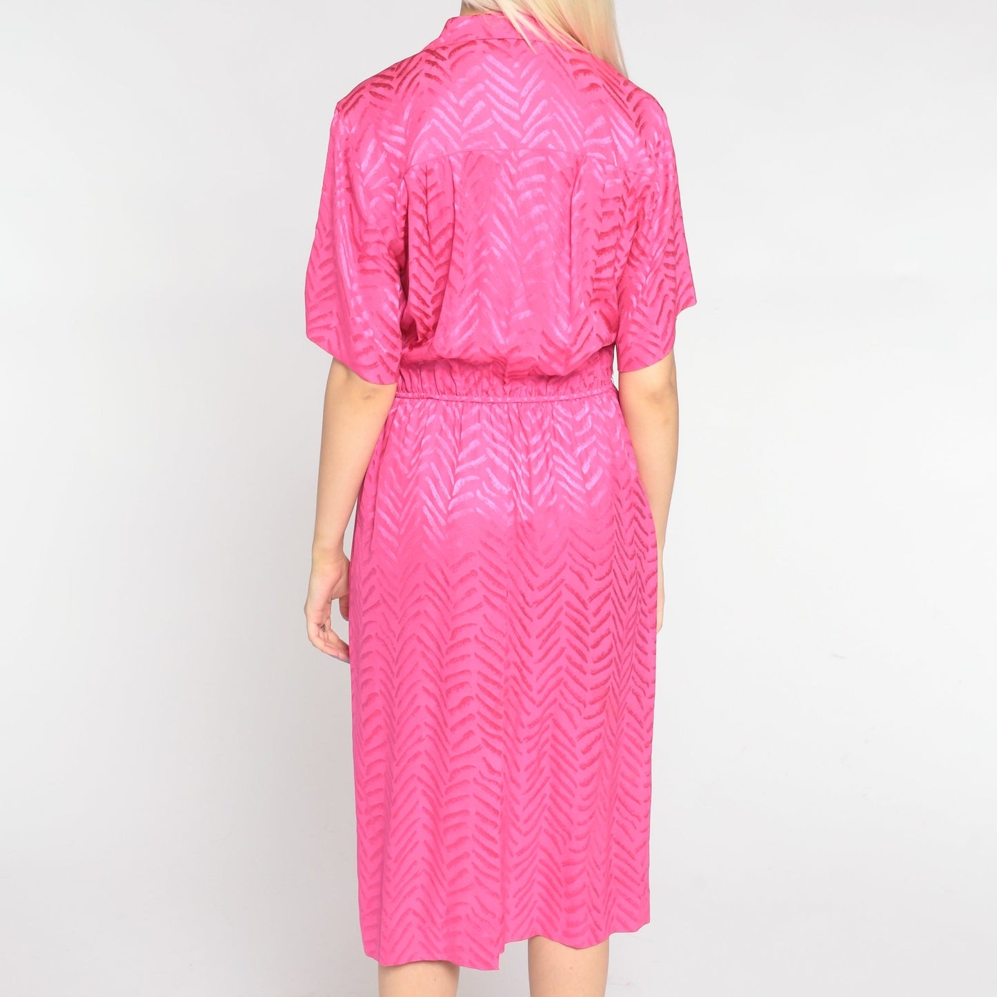 90s Liz Claiborne Hot Pink Silk Midi Dress Embossed Chevron Shirtwaist Small