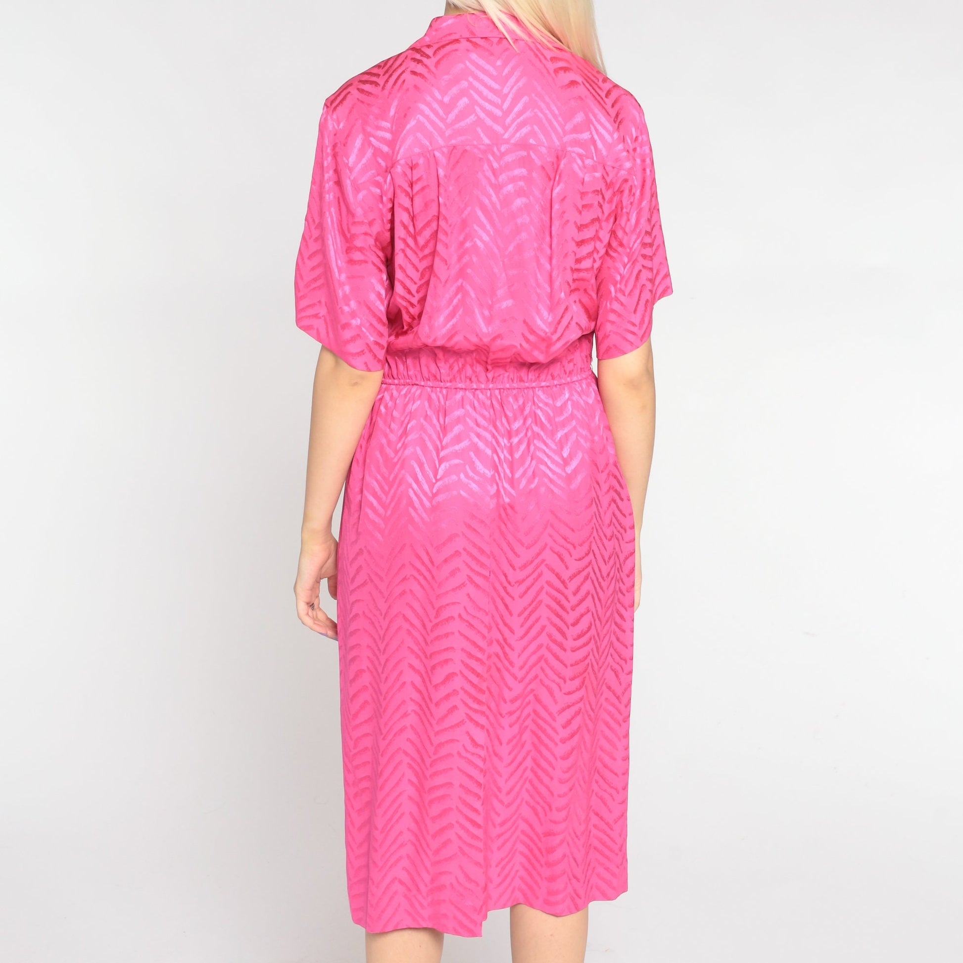 90s Liz Claiborne Hot Pink Silk Midi Dress Embossed Chevron Shirtwaist Small
