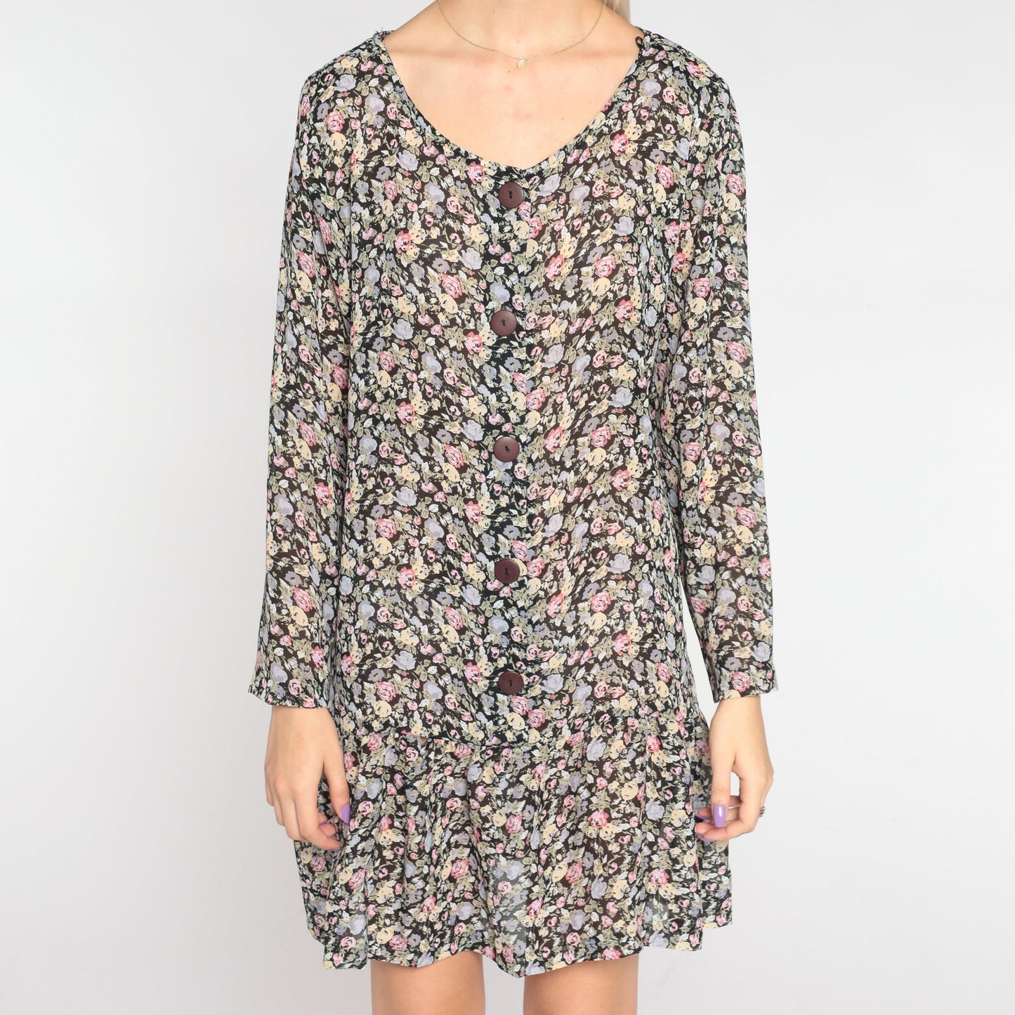 90s Floral Button-Up Mini Dress Long Sleeve Drop Waist Ruffled Small S