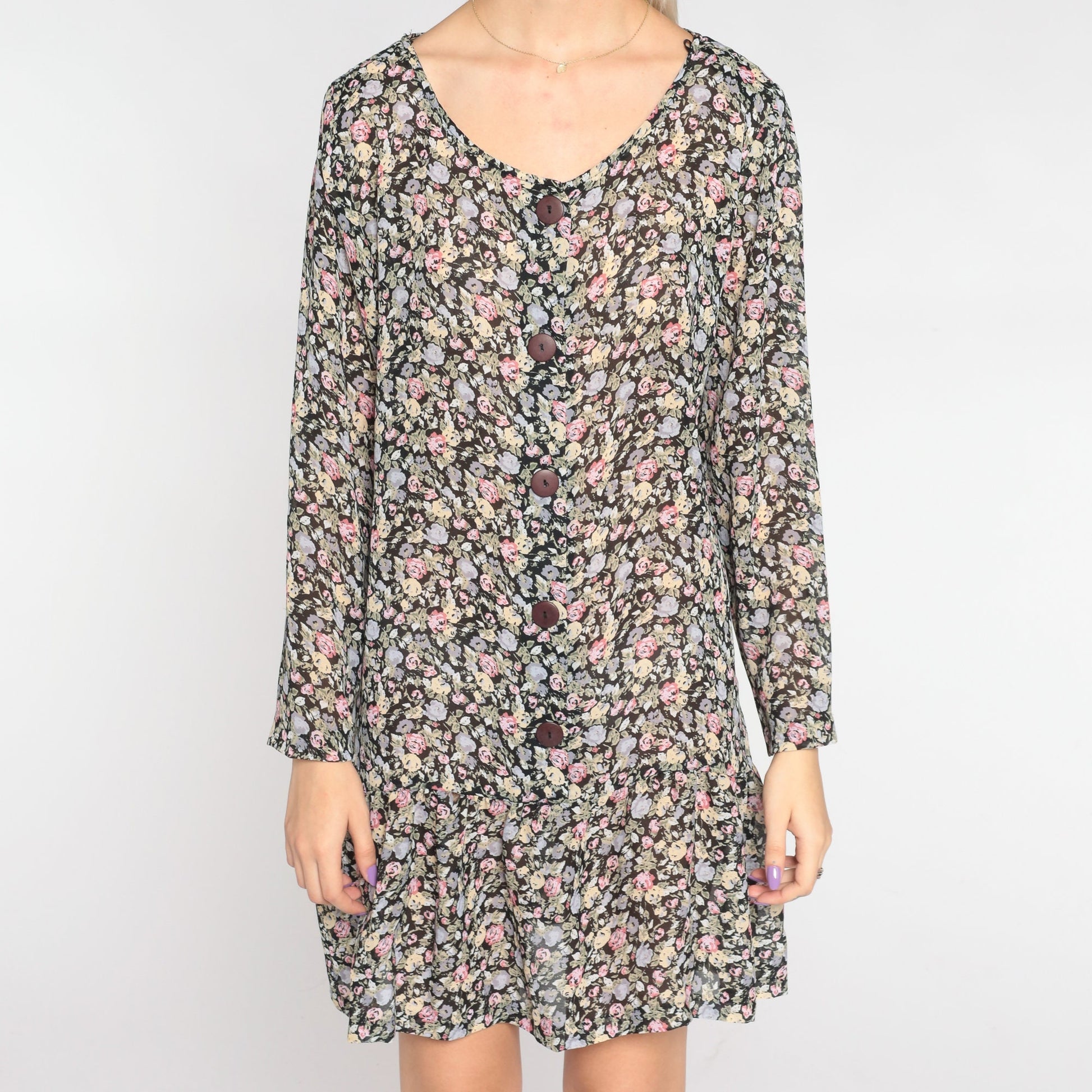 90s Floral Button-Up Mini Dress Long Sleeve Drop Waist Ruffled Small S