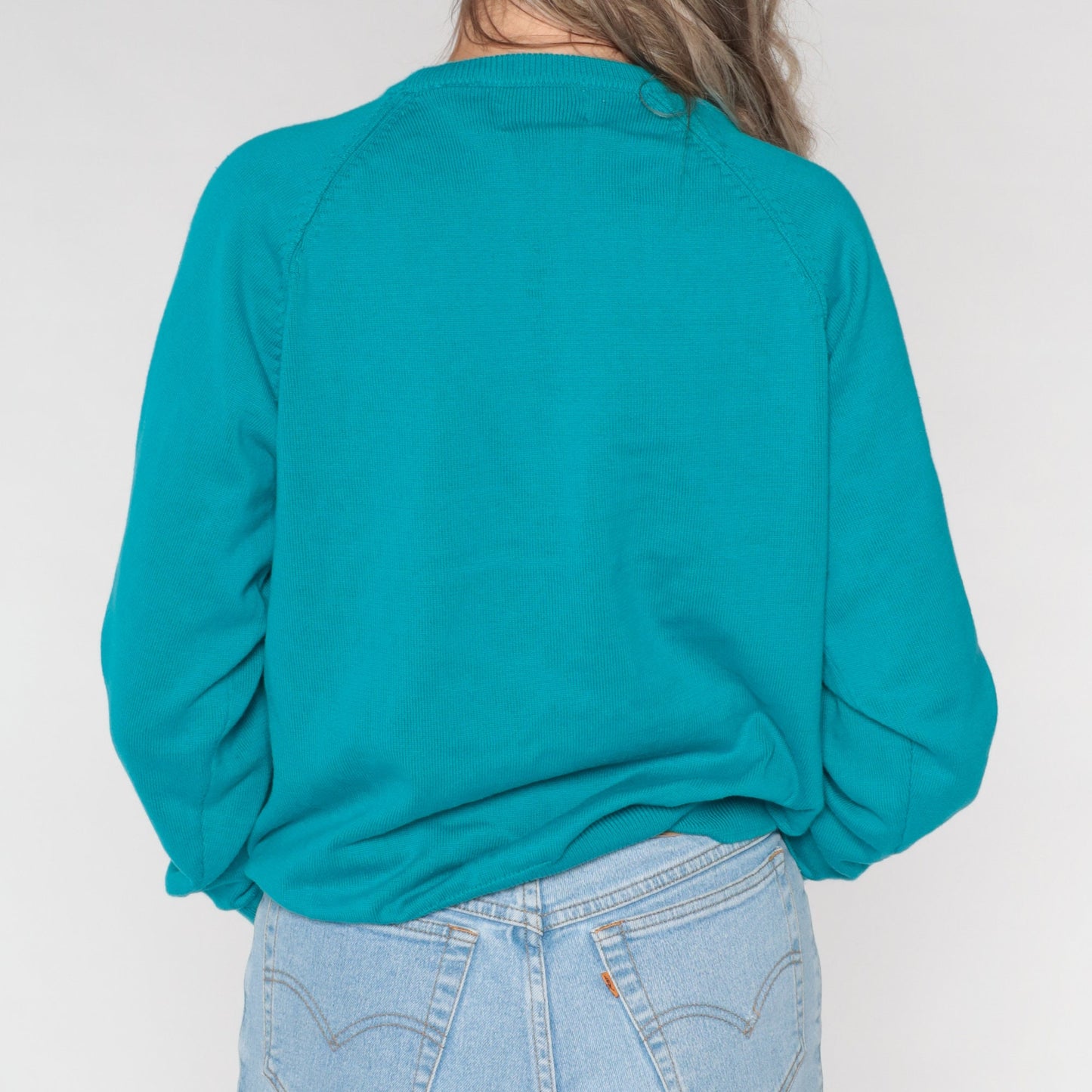 90s Teal Cotton Knit Sweater Ladybug Embroidered Raglan Crewneck Medium