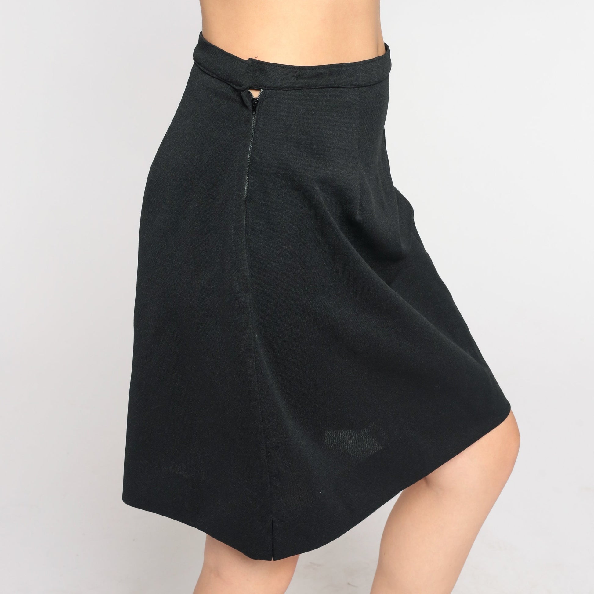 70s Black Mini A-Line Skirt High Waisted Side Zip Small