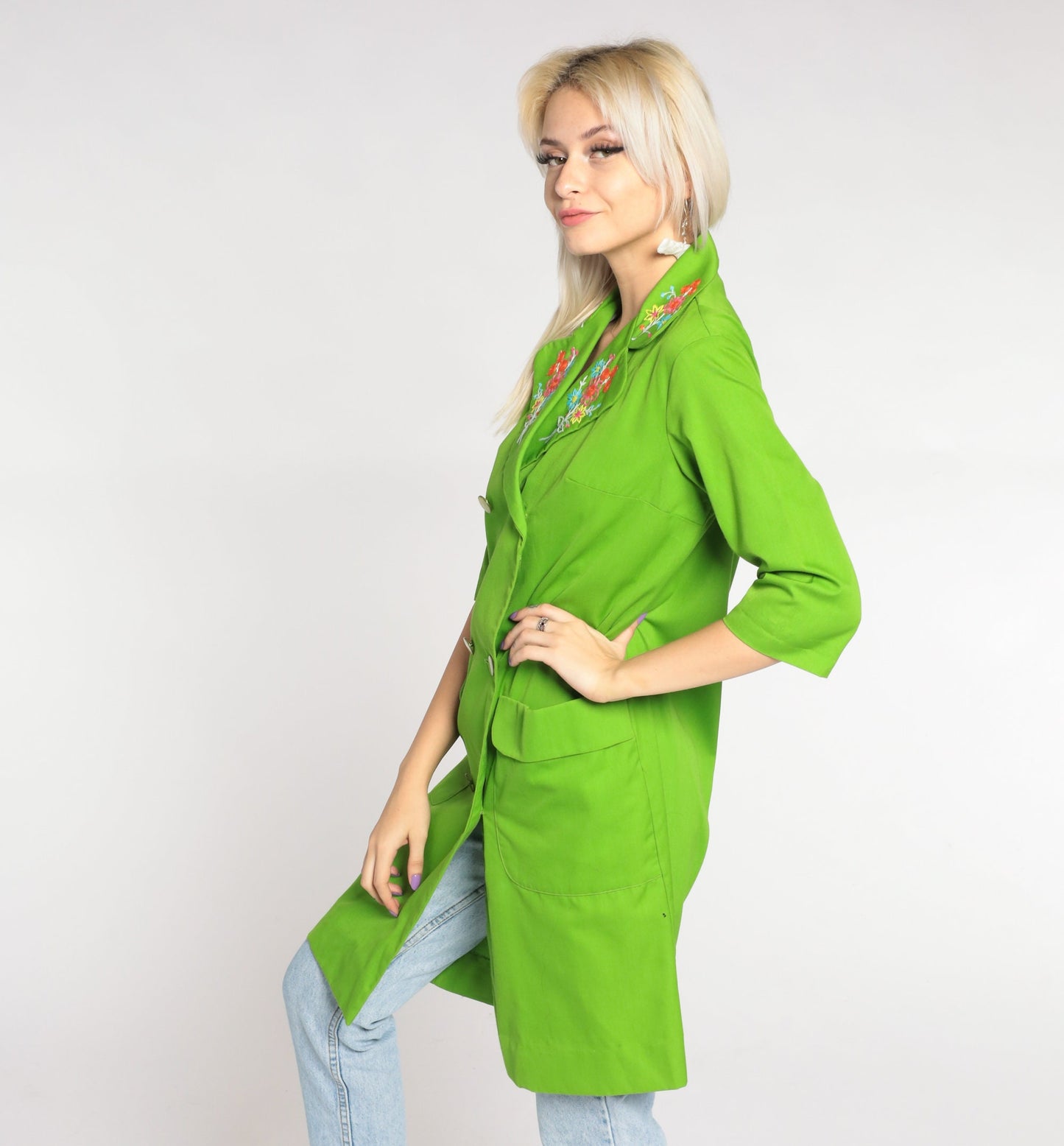 60s Lime Green Floral Embroidered Trench Coat Double Breasted 3/4 Sleeve Small