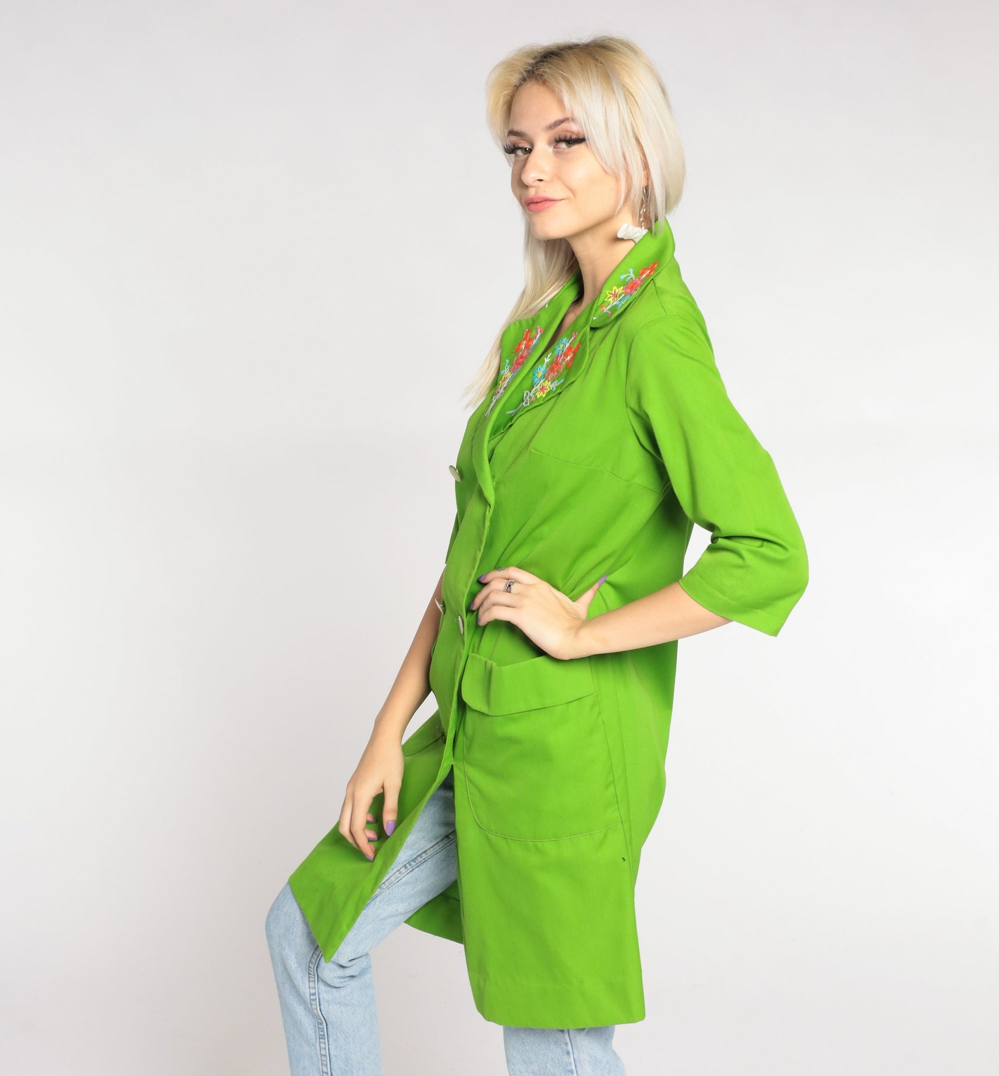 60s Lime Green Floral Embroidered Trench Coat Double Breasted 3/4 Sleeve Small