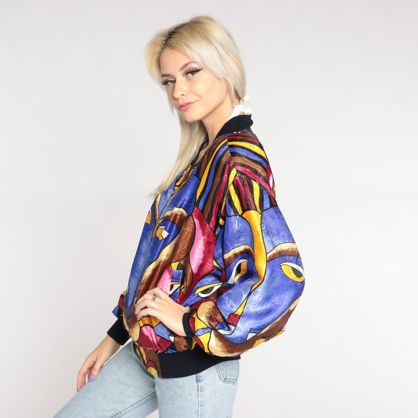 90s Psychedelic Face Print Zip Bomber Jacket Medium Large