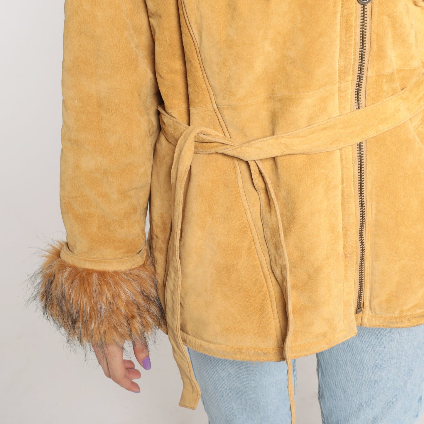 70s Suede Hooded Jacket Faux Fur Trim Belted Tan Leather Large L