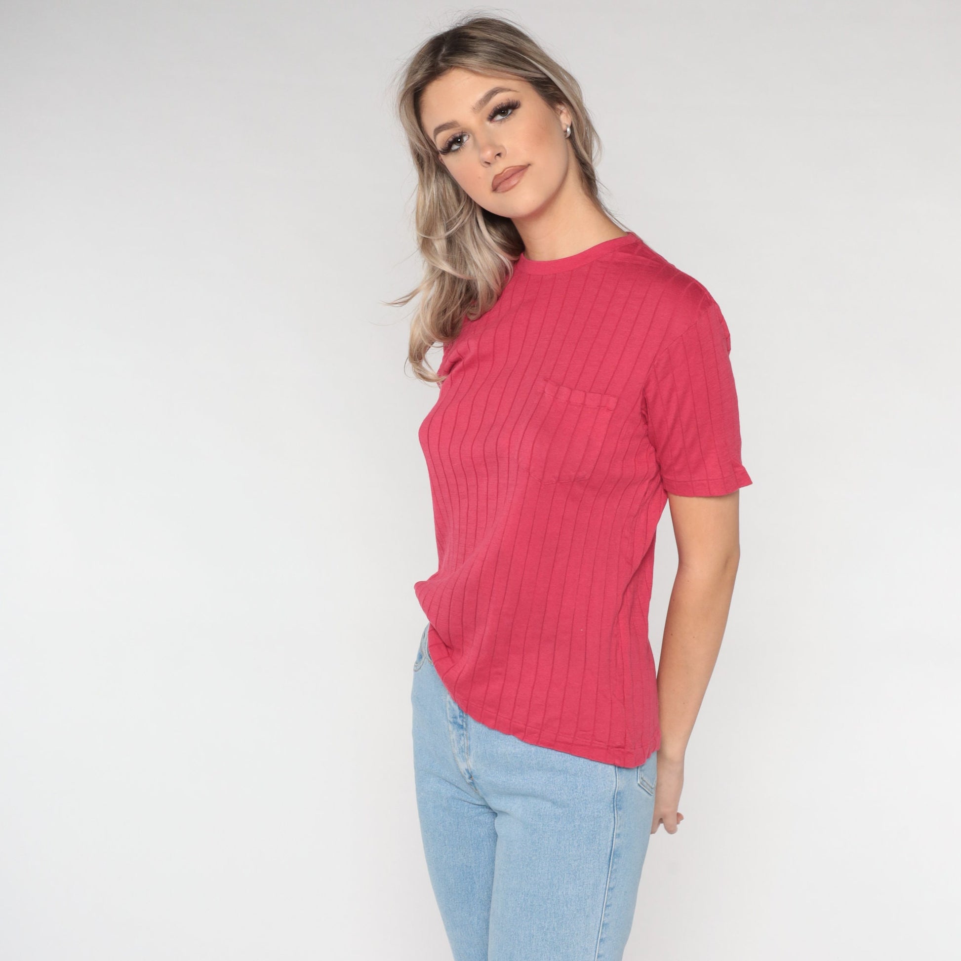 00s Ralph Lauren Pink Pocket T-Shirt Cotton Textured Stripe Medium