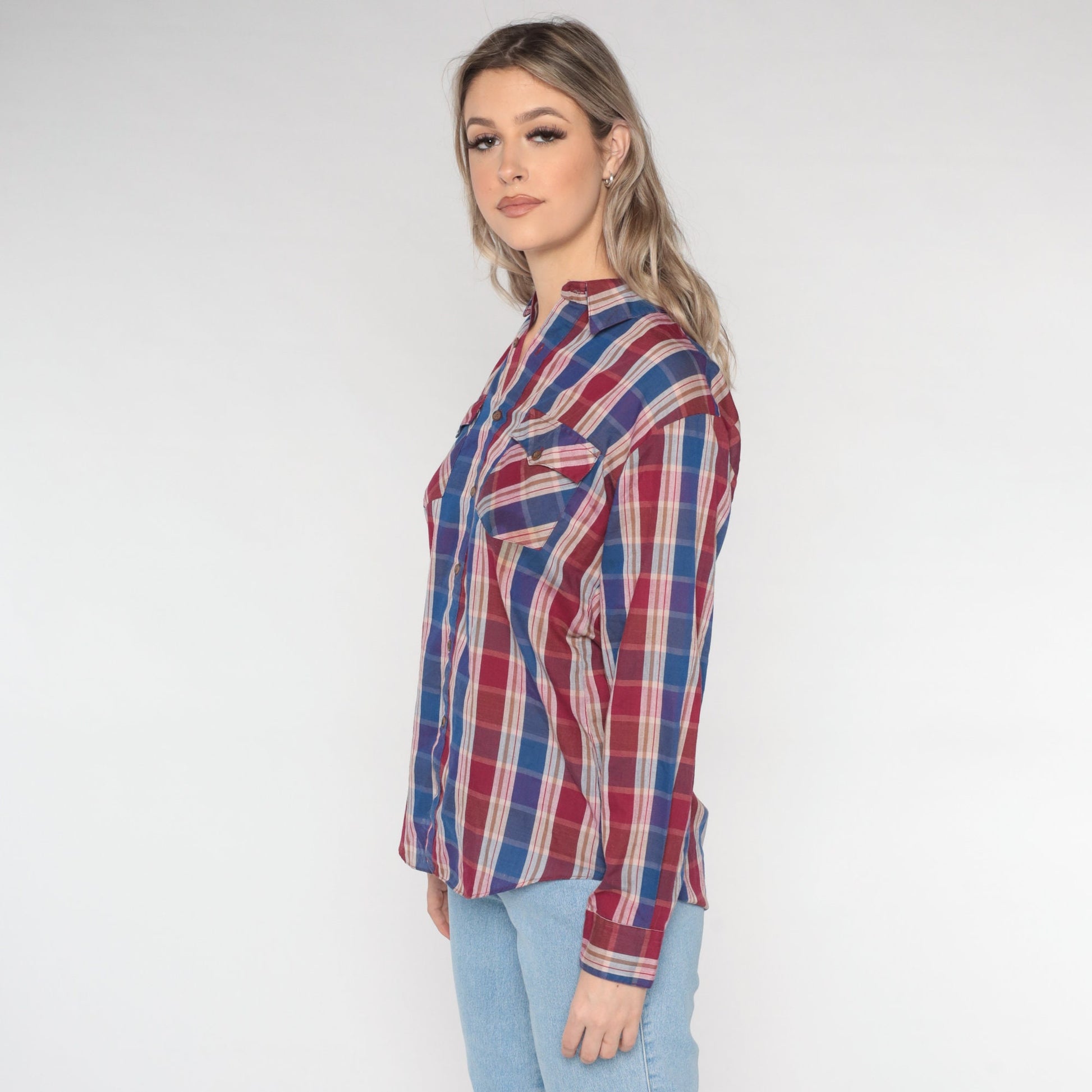 80s Burgundy Blue Plaid Button-Up Shirt Cotton Long Sleeve Medium