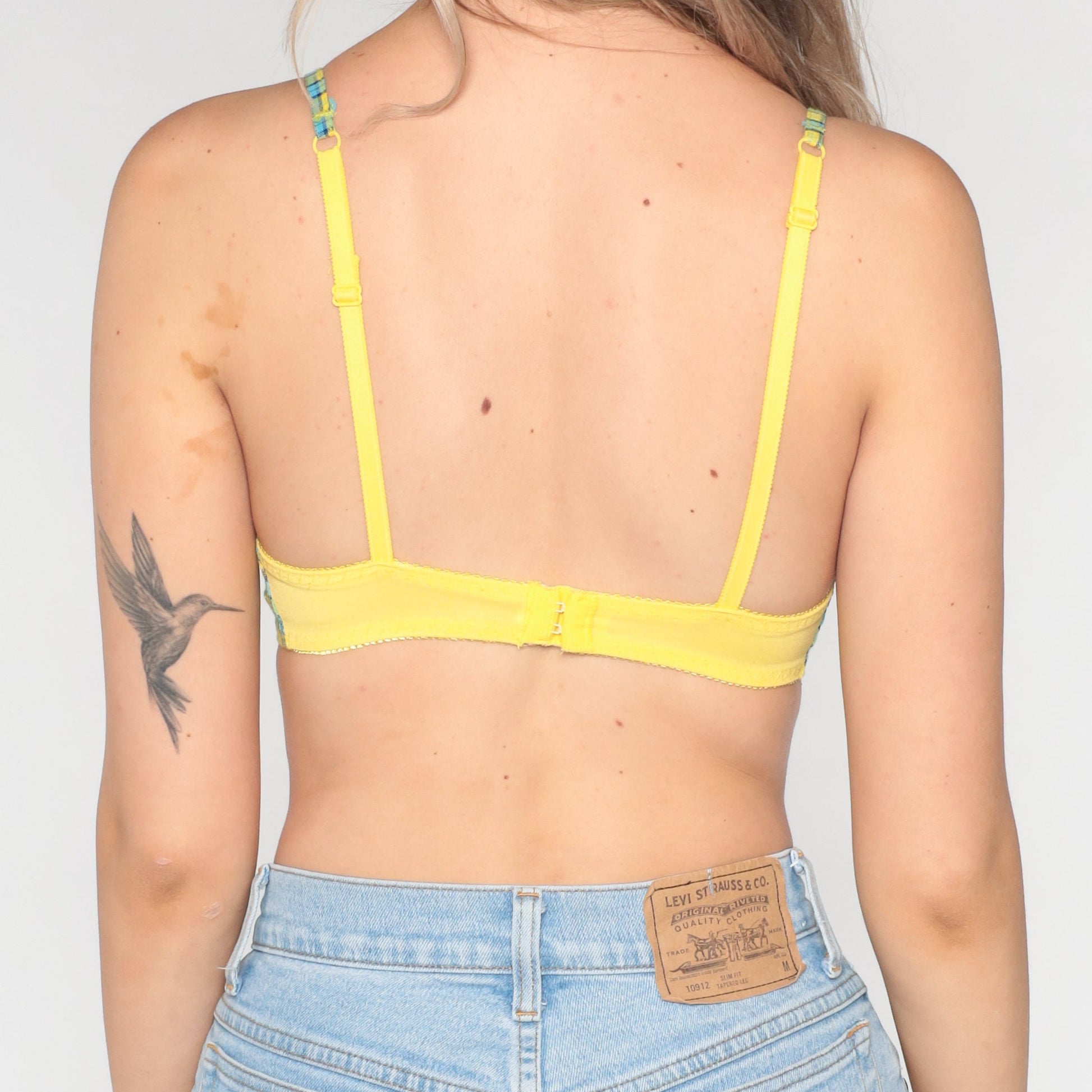 90s Plaid Underwire Demi Bra Blue Yellow Floral Lace Trim 34C