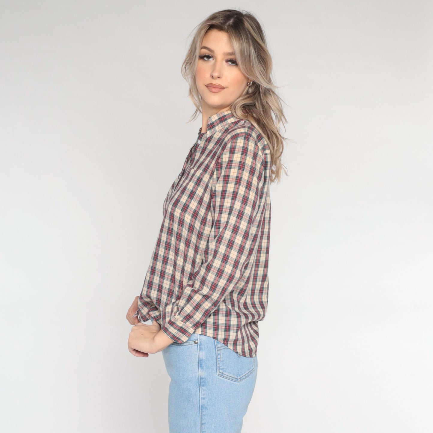 80s Plaid Button-Up Blouse Tan Red Green Checkered Long Sleeve Large