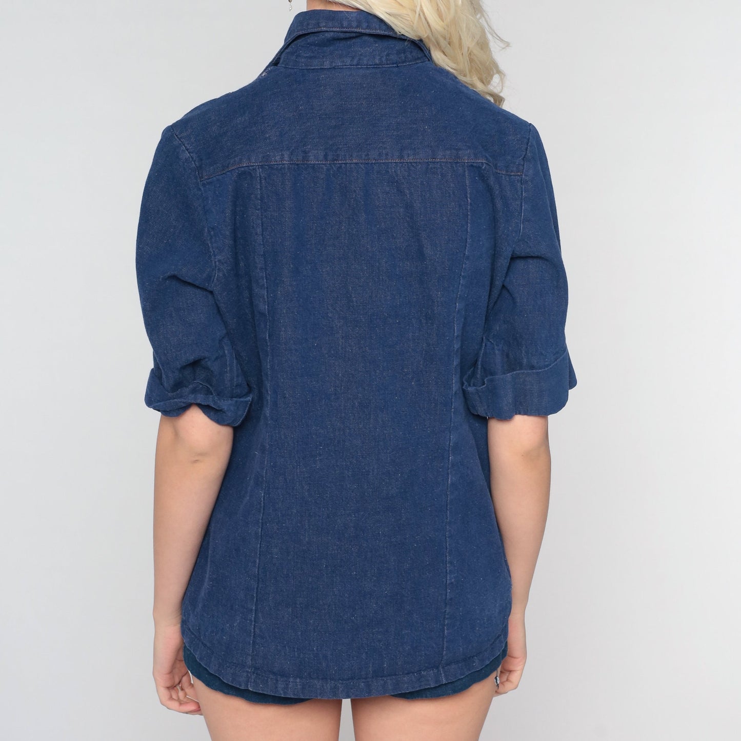 70s Dark Blue Denim Button-Up Shirt Short Sleeve Jean Blouse Small S