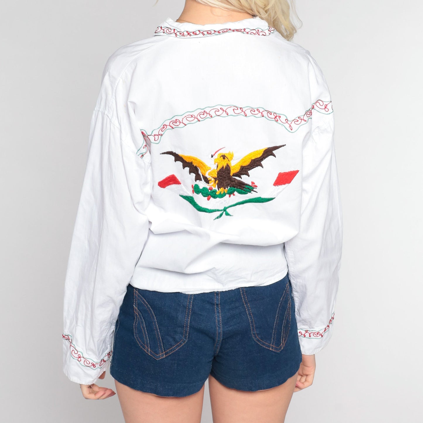 90s Embroidered Mexican Eagle Cactus Cotton Button Up White Medium