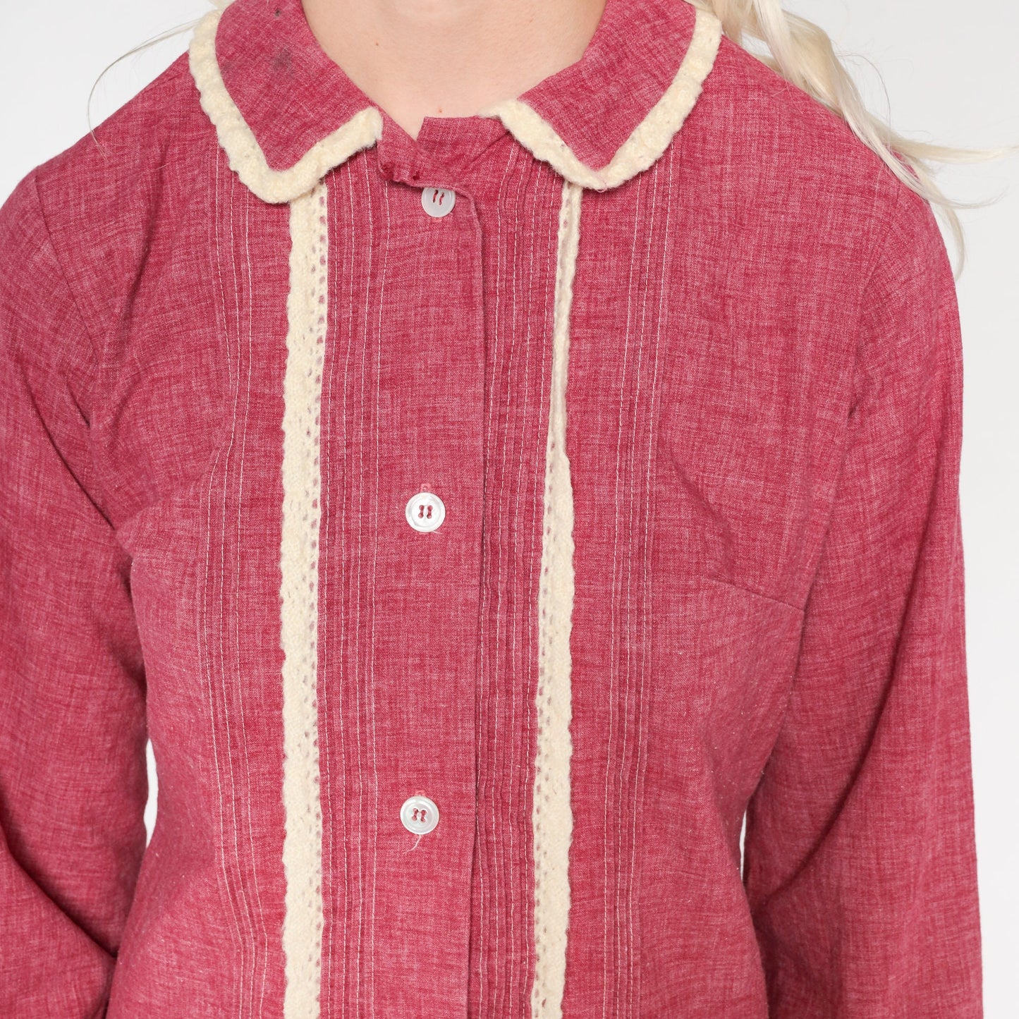 1960s Mod Burgundy Mini Shift Dress Lace Trim Button Front Small