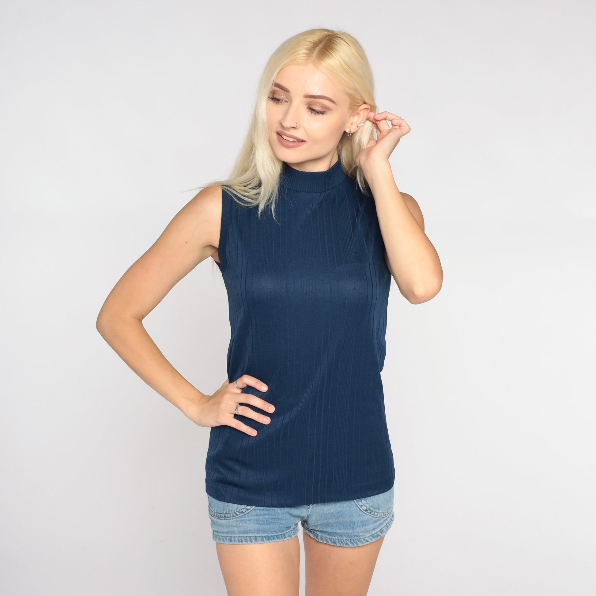 70s Navy Mock Neck Tank Top Ribbed Sleeveless Blouse Small S