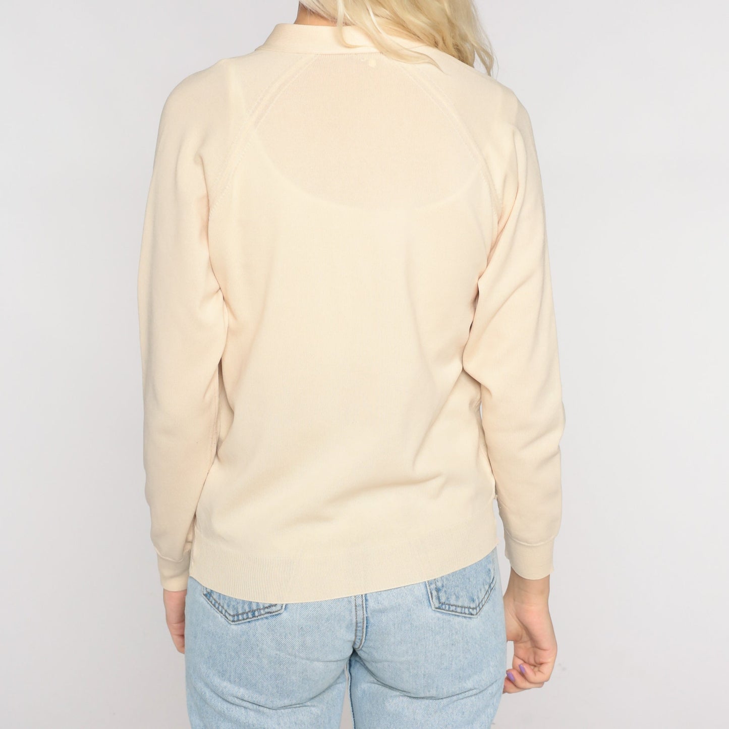 70s Beige Cutout Butterfly Cardigan Button-Up V-Neck Sweater Small