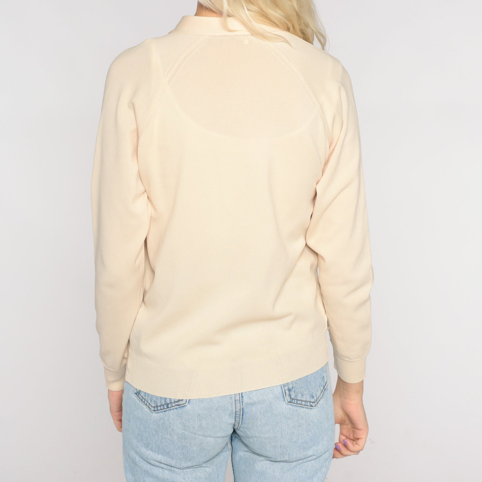 70s Beige Cutout Butterfly Cardigan Button-Up V-Neck Sweater Small
