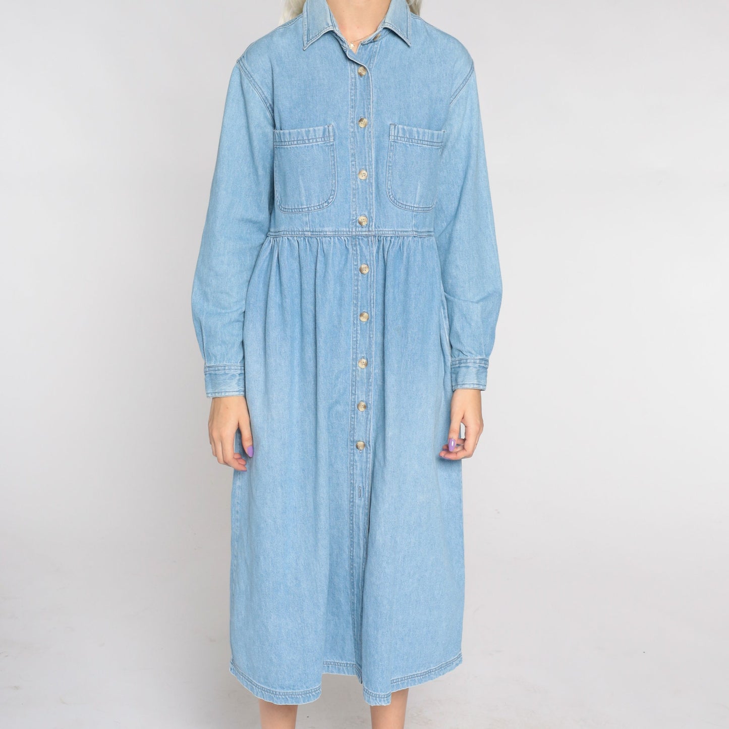 90s Blue Denim Midi Shirtdress High Waist Button Up Petite Small