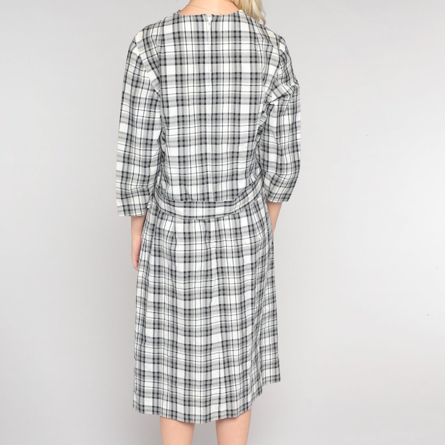 60s Mod Checkered Shift Dress Grey Plaid Midi Medium