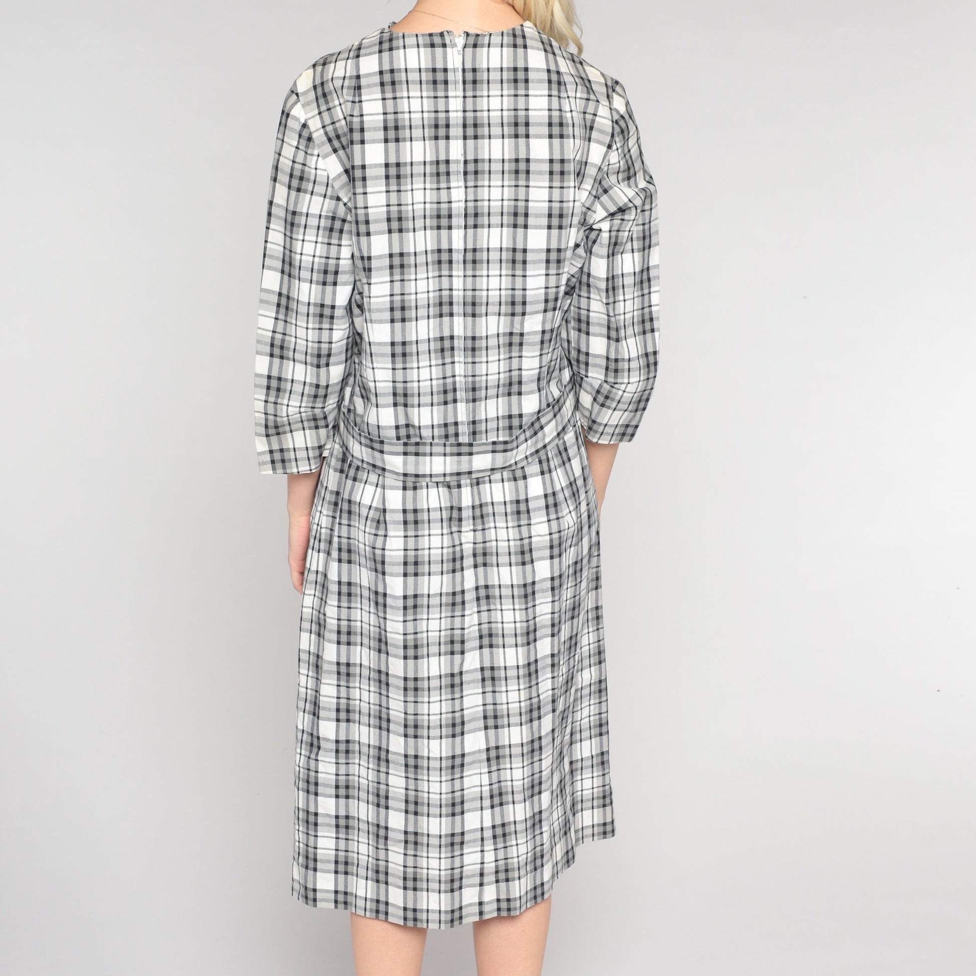 60s Mod Checkered Shift Dress Grey Plaid Midi Medium