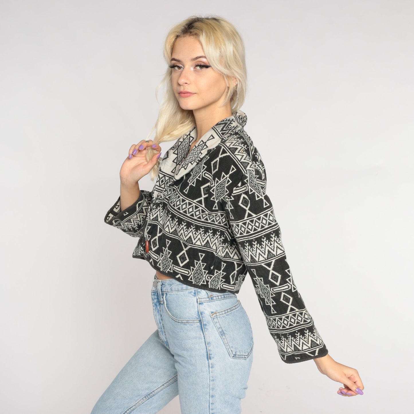 90s Southwest Tapestry Blazer Black Off-White Cropped Button Jacket Medium