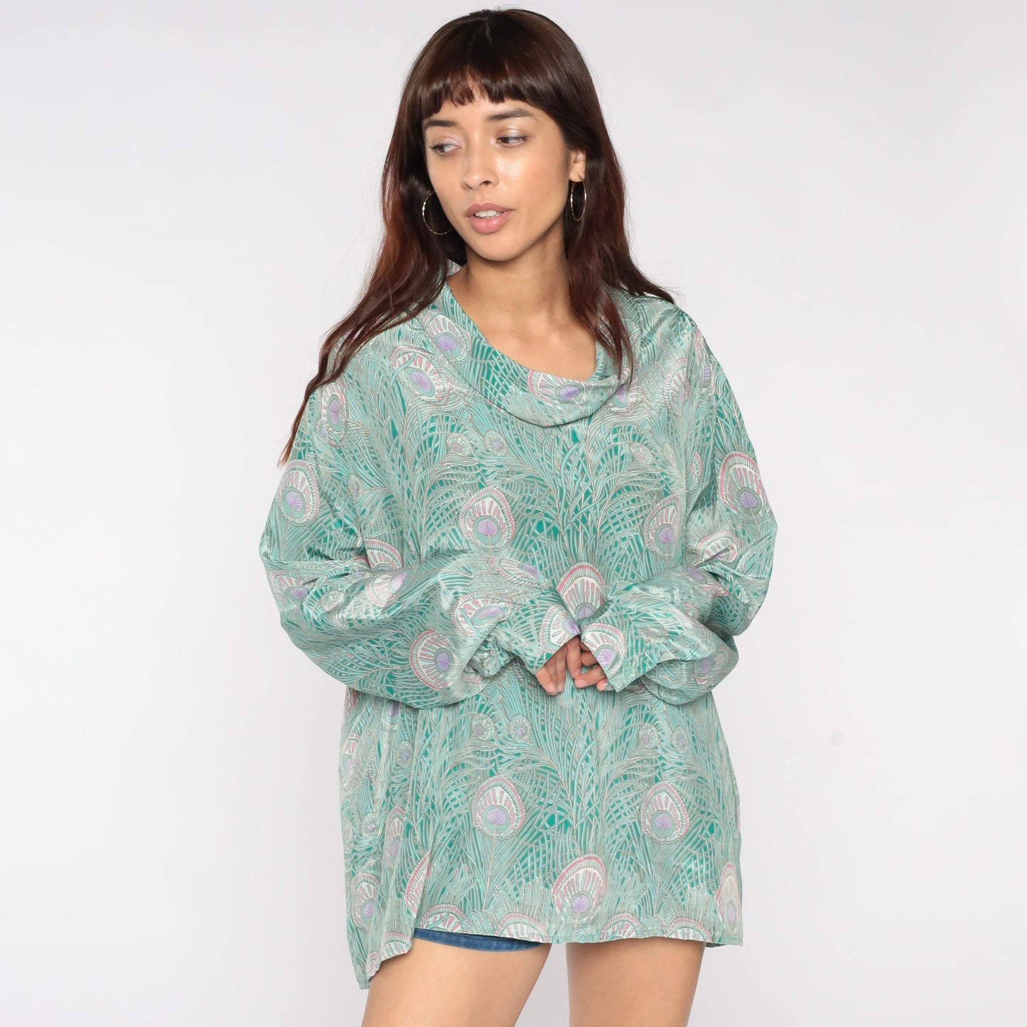 70s Peacock Feather Blouse Green Cowl Neck Disco Shirt Campus Casuals