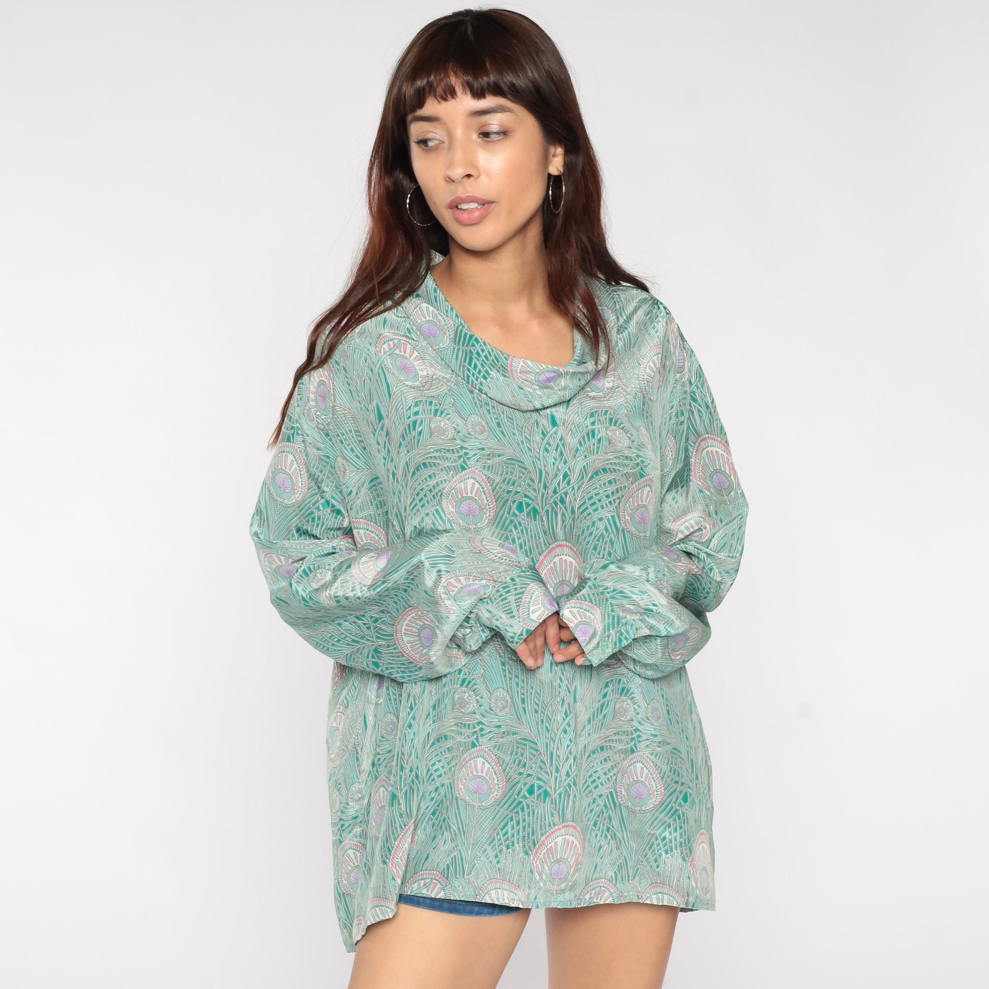 70s Peacock Feather Blouse Green Cowl Neck Disco Shirt Campus Casuals