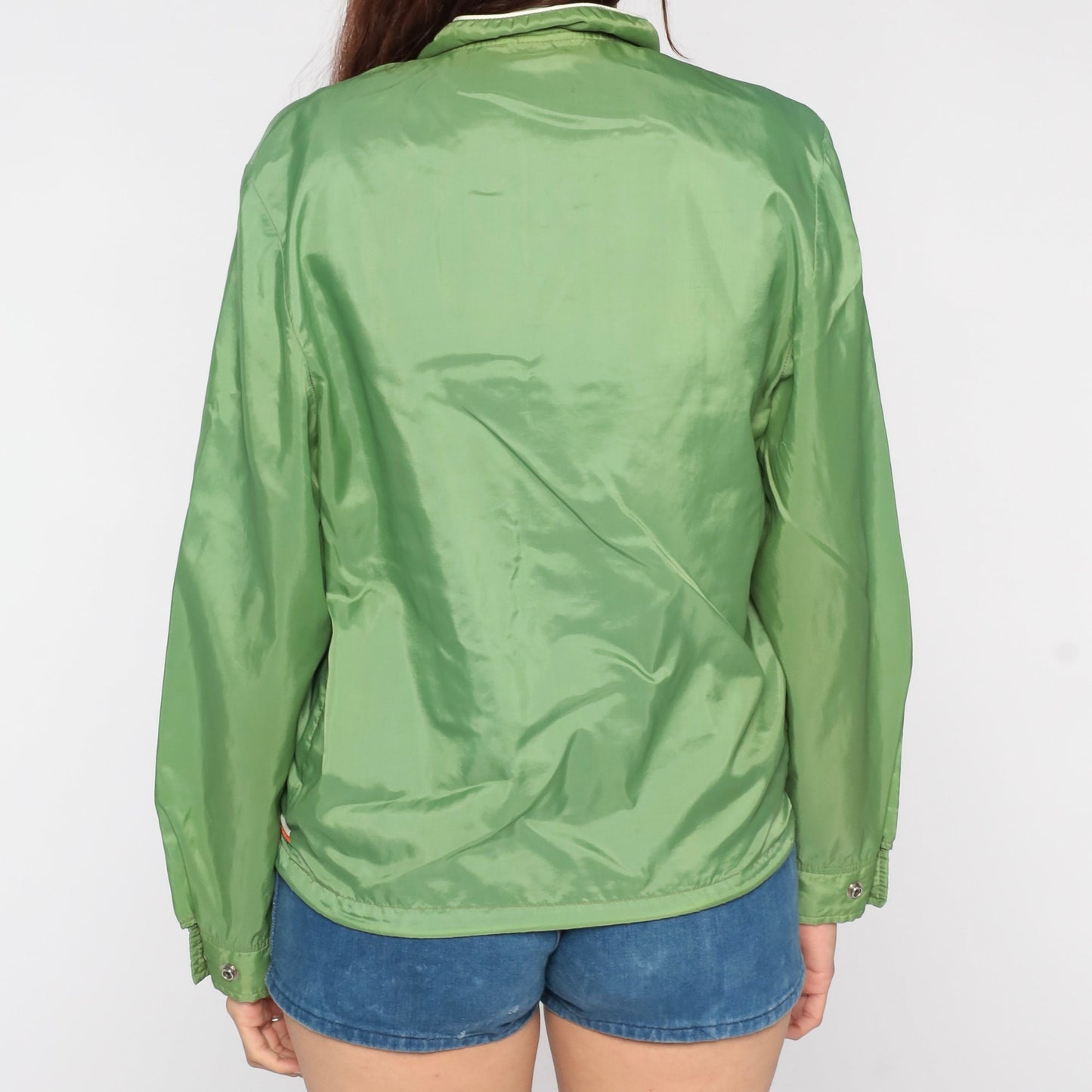 70s Green Windbreaker Jacket Nylon Zip-Up Orange White Trim Small