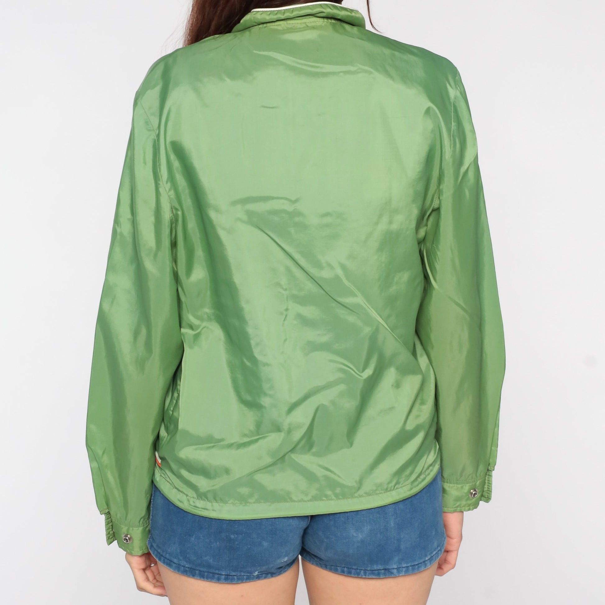 70s Green Windbreaker Jacket Nylon Zip-Up Orange White Trim Small