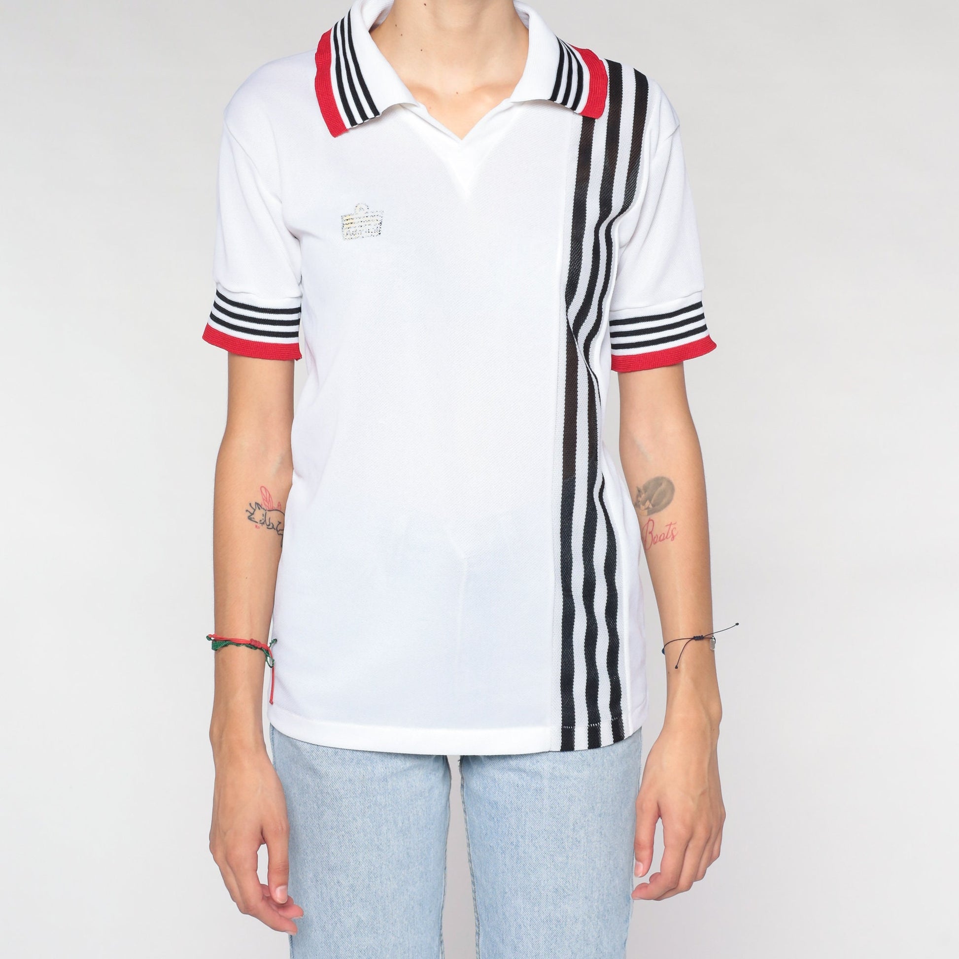 90s Admiral Polo Shirt White Red Black Striped Small S